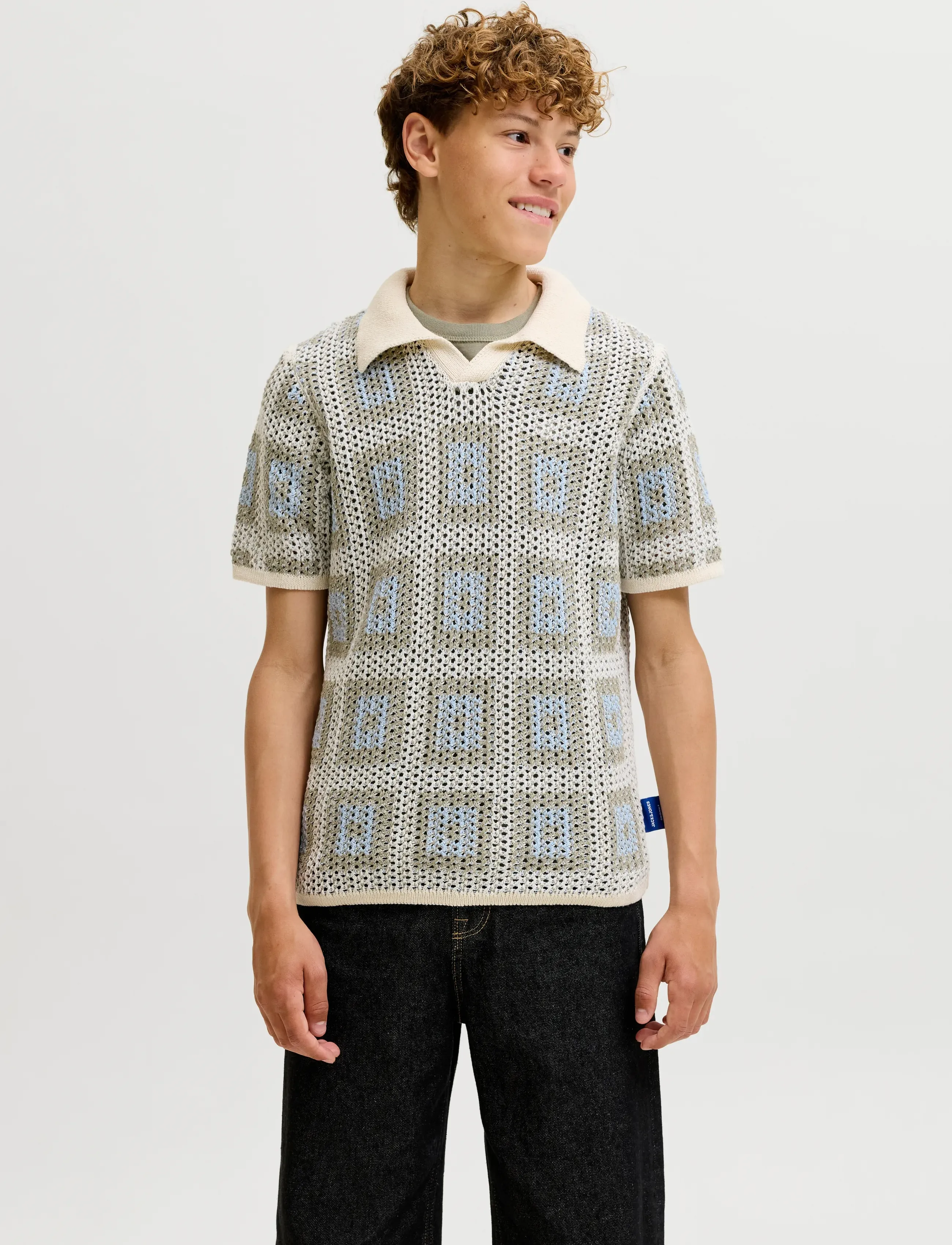 Jack & Jones Joraiden Knit Split Neck Polo Styd Jnr, 152, Multi/patterned, Poloshirts > Poloshirts Med Korte Ærmer, Børn