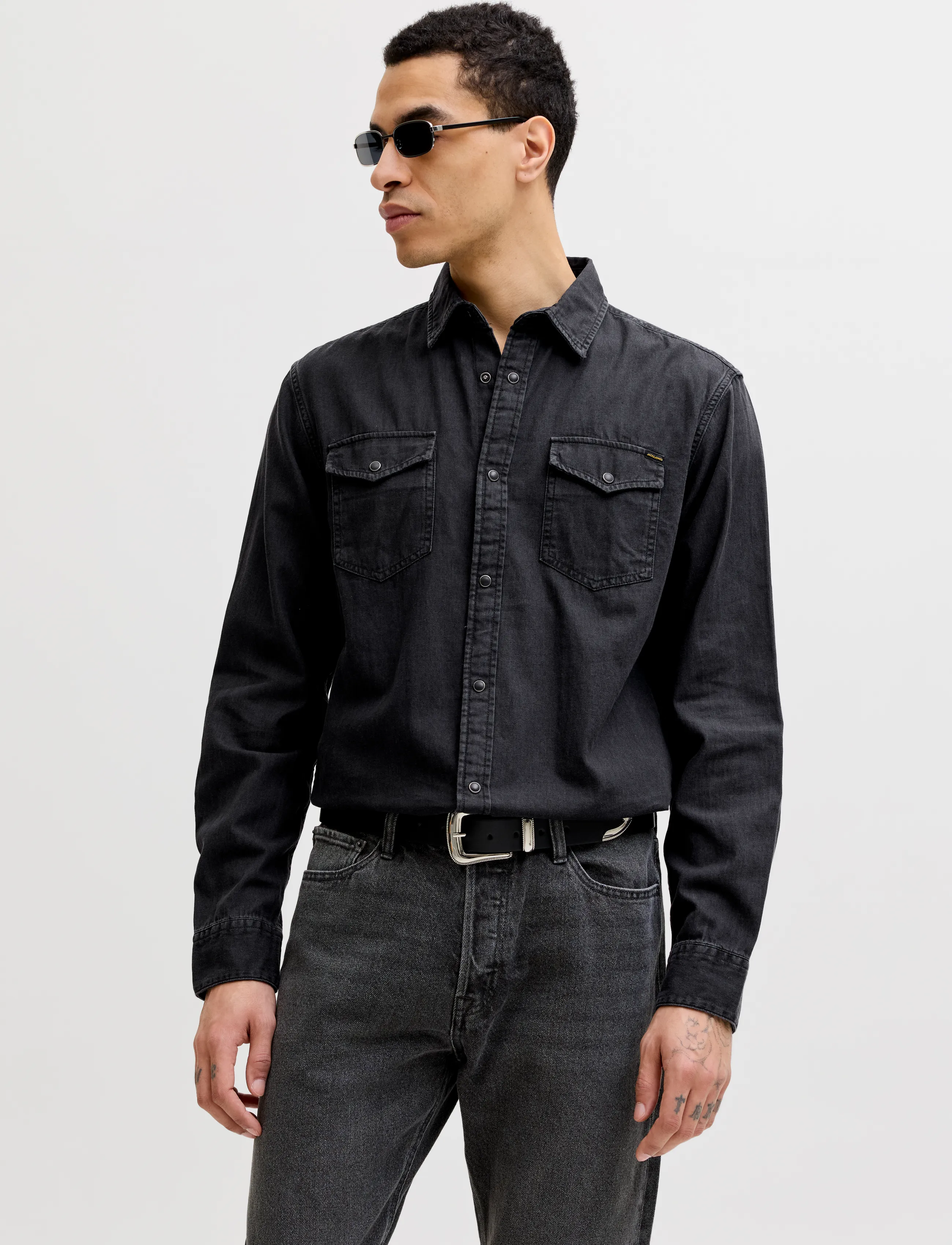 Jack & Jones JJESHERIDAN SHIRT L/S NOOS - Shirts - BLACK DENIM / green