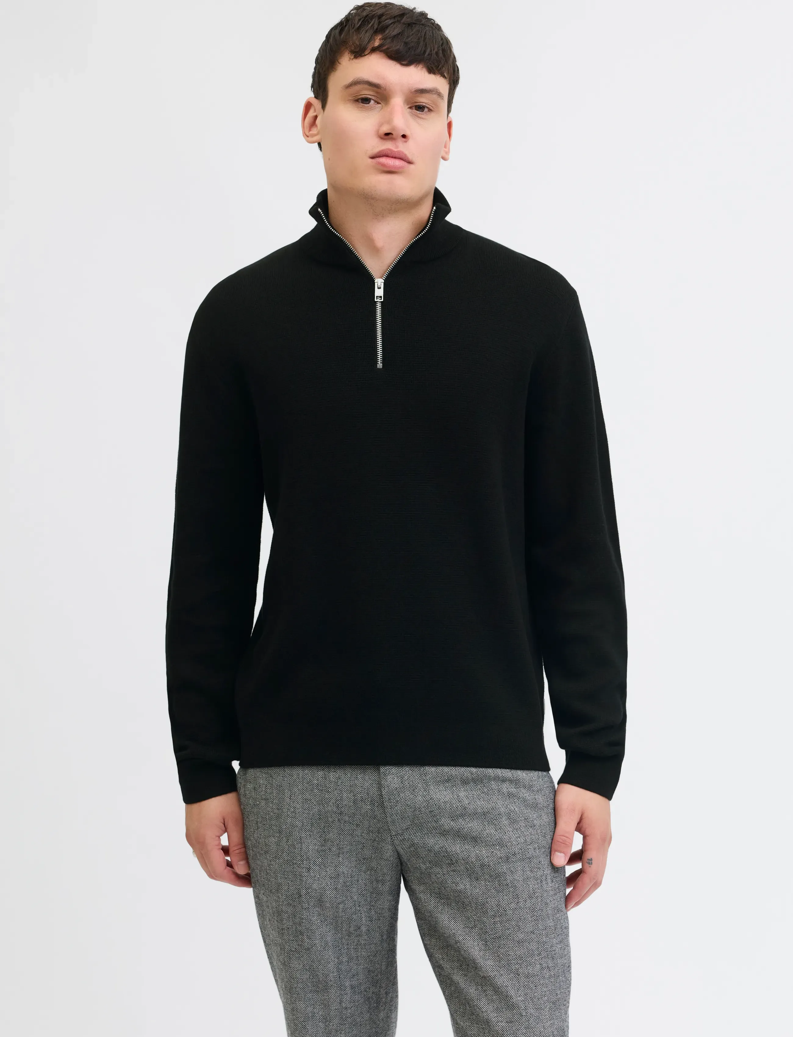 Jack & Jones JPRBLAMILANO STITCH KNIT HALF ZIP SN - Looks for less - BLACK / black