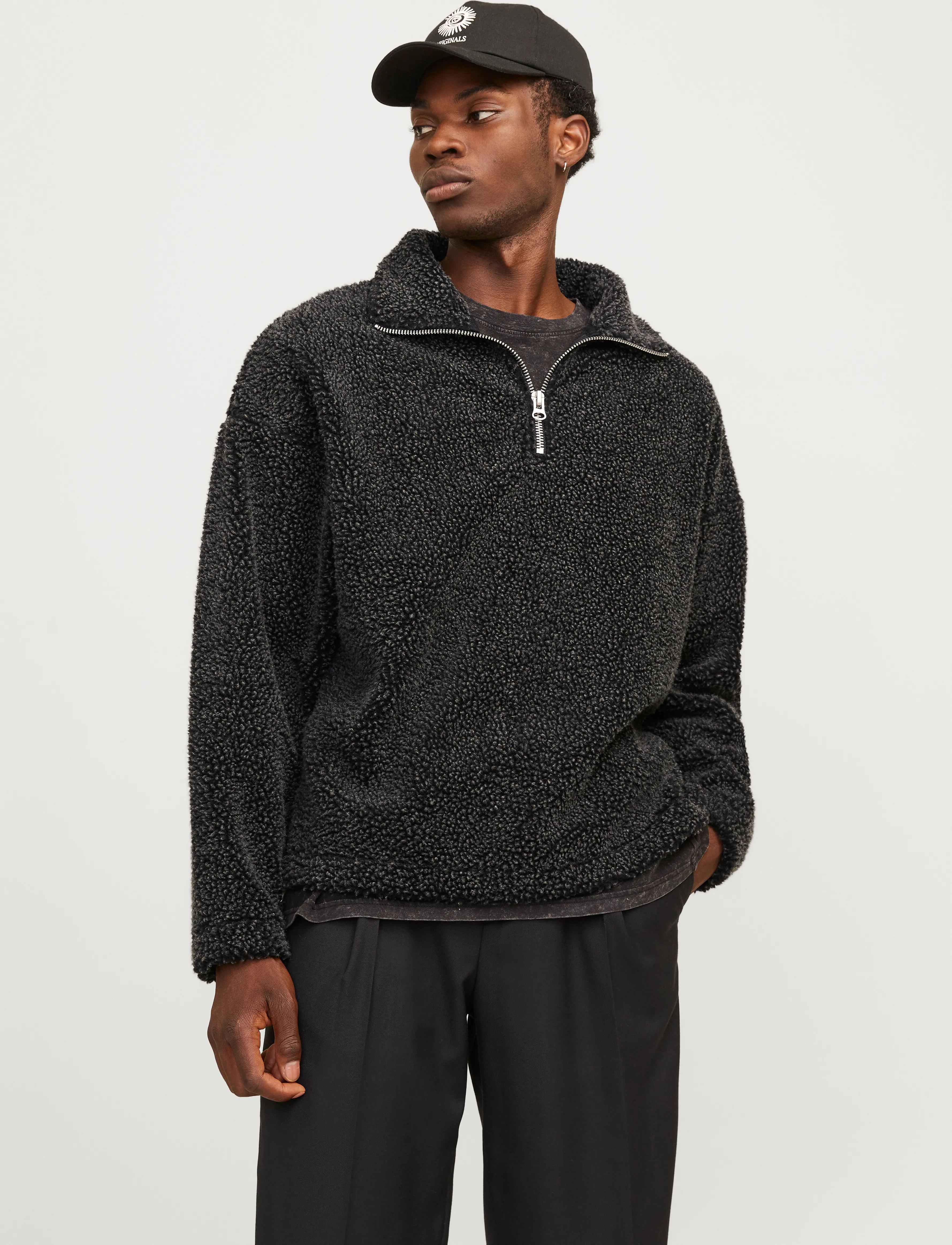 Jack & Jones Jorroxbury Teddy Sweat High Neck Ln, Mænd, Teddy Half-Zip Sweatshirt, Sort, Str: S
