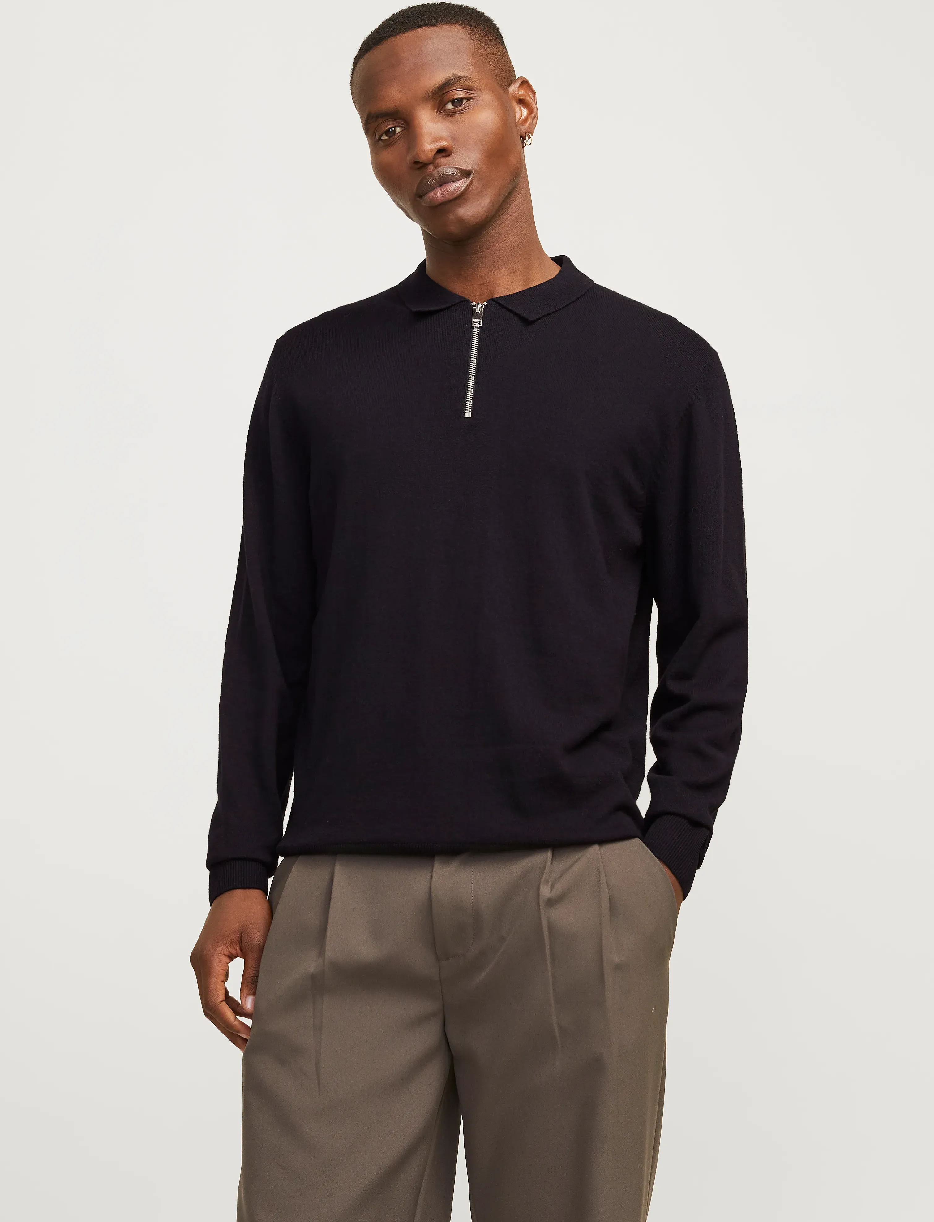 Jack & Jones Jjeemil Knit Polo Half Zip Ls Noos, S, Black, Strik > Trøjer Med Halv Lynlås, Herre