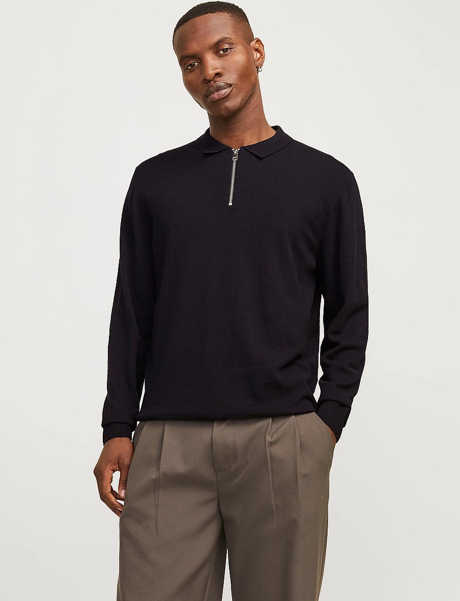Jack & Jones - JJEEMIL KNIT POLO HALF ZIP LS NOOS - half zip jumpers - black - 0