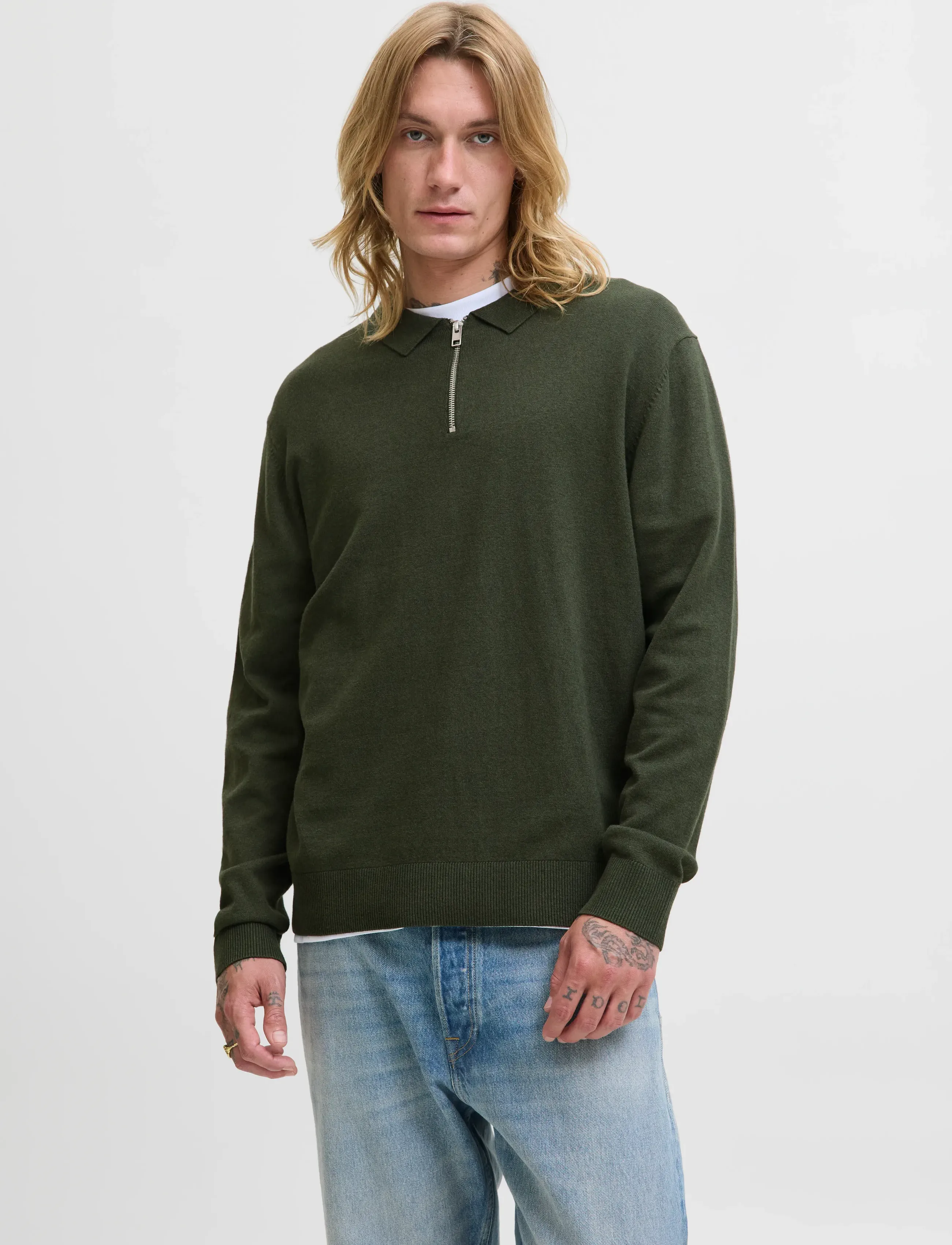 Jack & Jones Jjeemil Knit Polo Half Zip Ls Noos, S, Khaki green, Strik > Trøjer Med Halv Lynlås, Herre