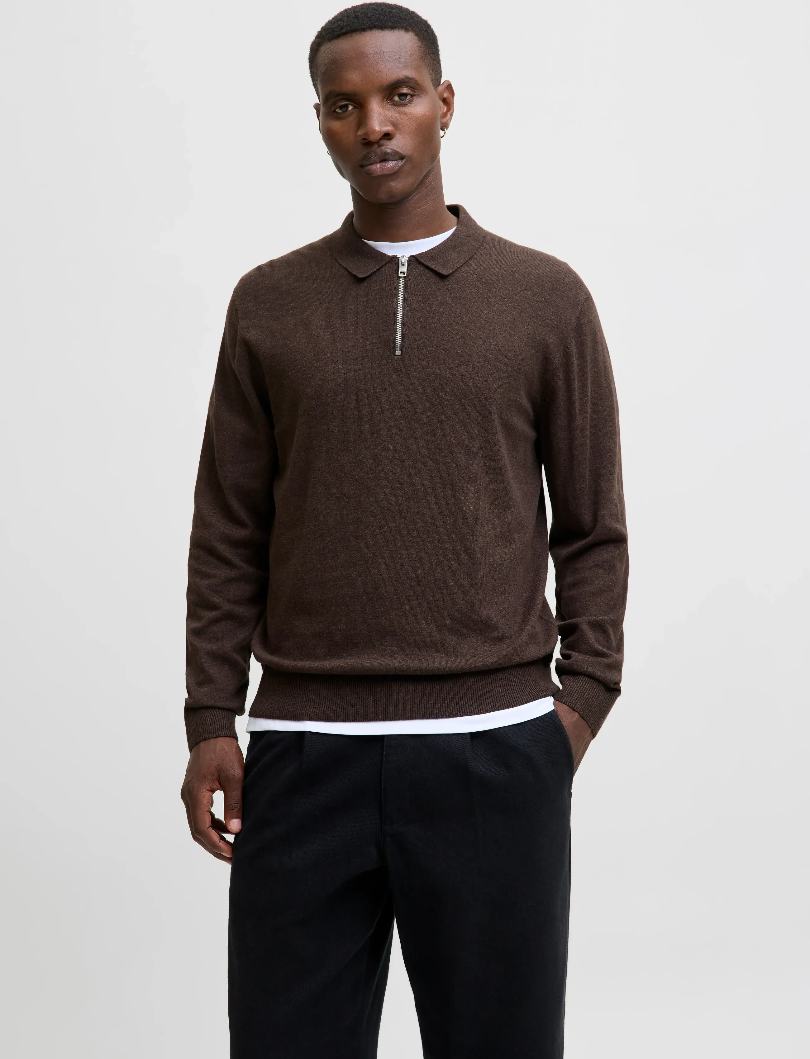 Jack & Jones Jjeemil Knit Polo Half Zip Ls Noos, XL, Brown, Strik > Trøjer Med Halv Lynlås, Herre