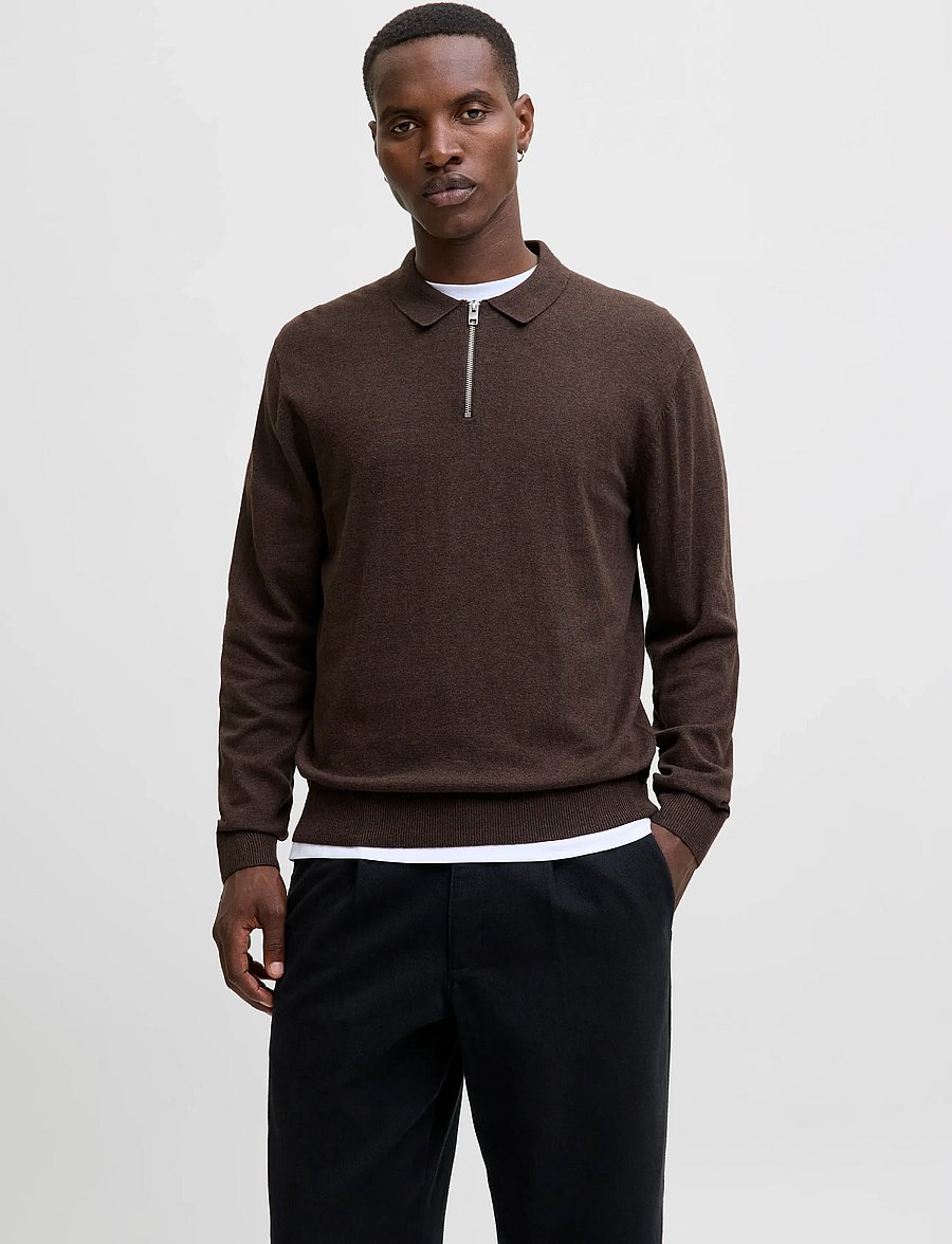 Jack & Jones - JJEEMIL KNIT POLO HALF ZIP LS NOOS - halfzip strik - mulch - 0