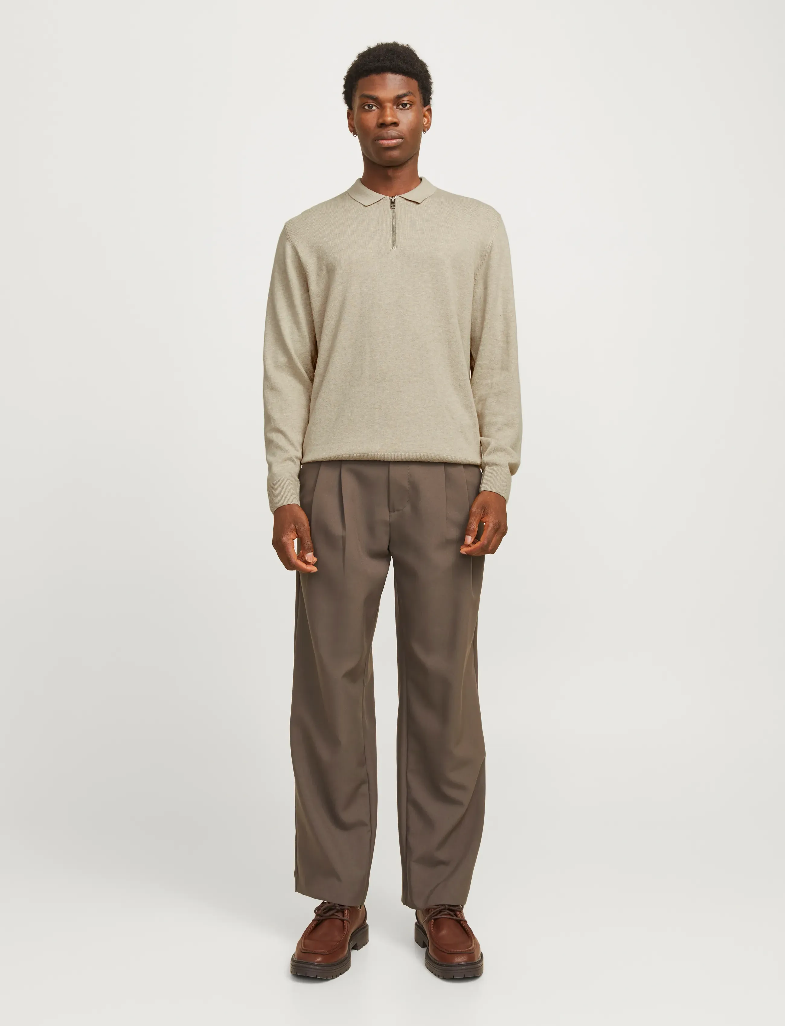Jack & Jones Jjeemil Knit Polo Half Zip Ls Noos, Mænd, Langærmet Strikket Halvlynlås Poloshirt, Beige, Str: S
