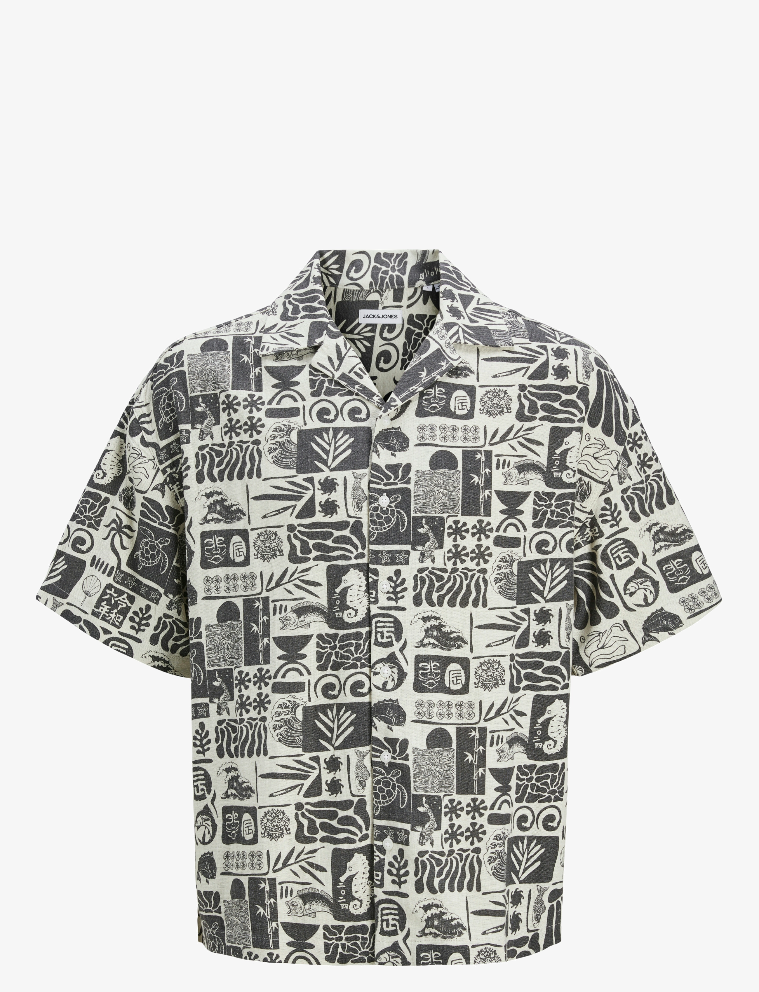 Jack & Jones - JJWAYNE AOP RESORT SHIRT SS - linneskjortor - black - 1