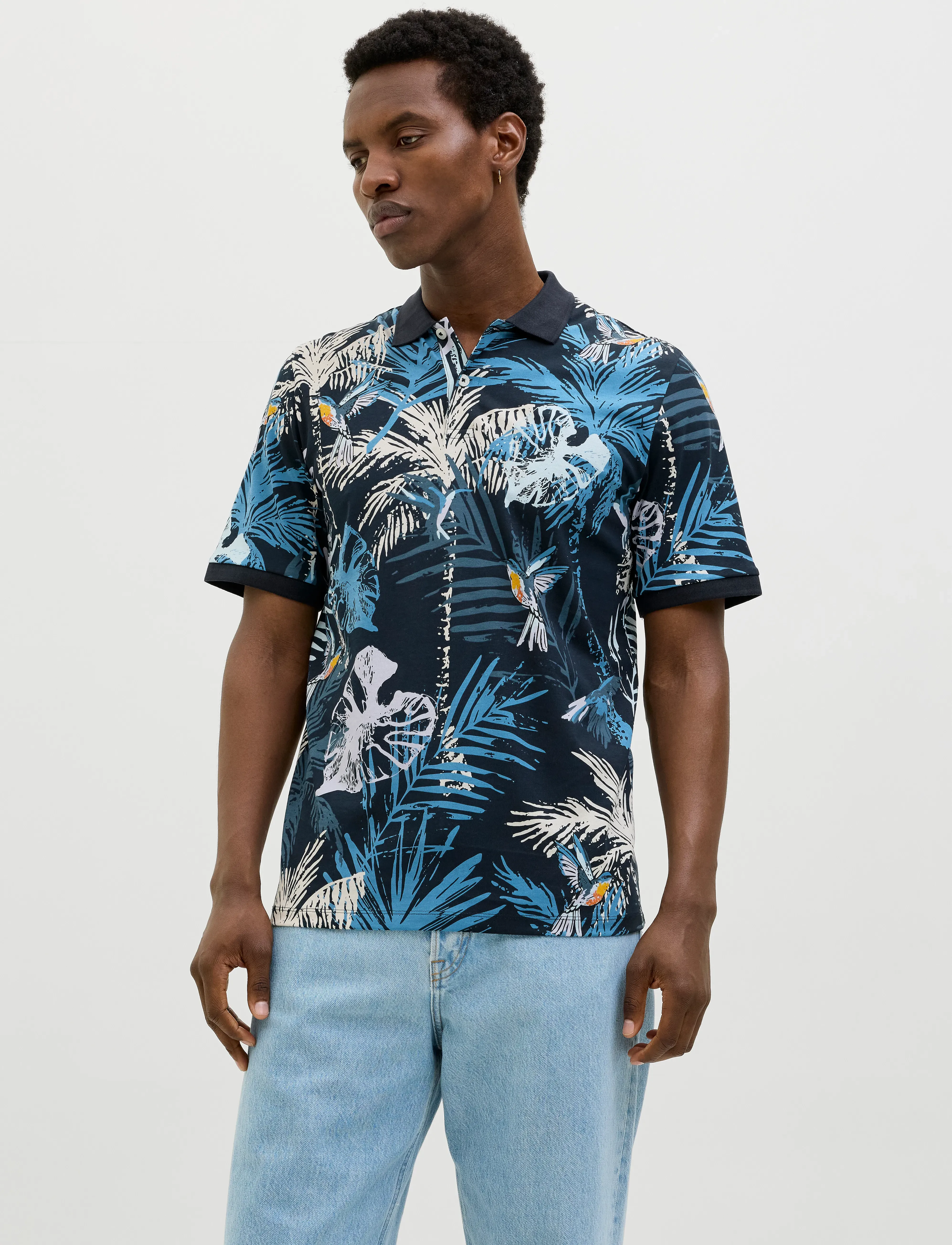 Jack & Jones Jjhawaii Aop Polo Ss, Mænd, Hawaii Print Poloshirt, Sort, Str: S