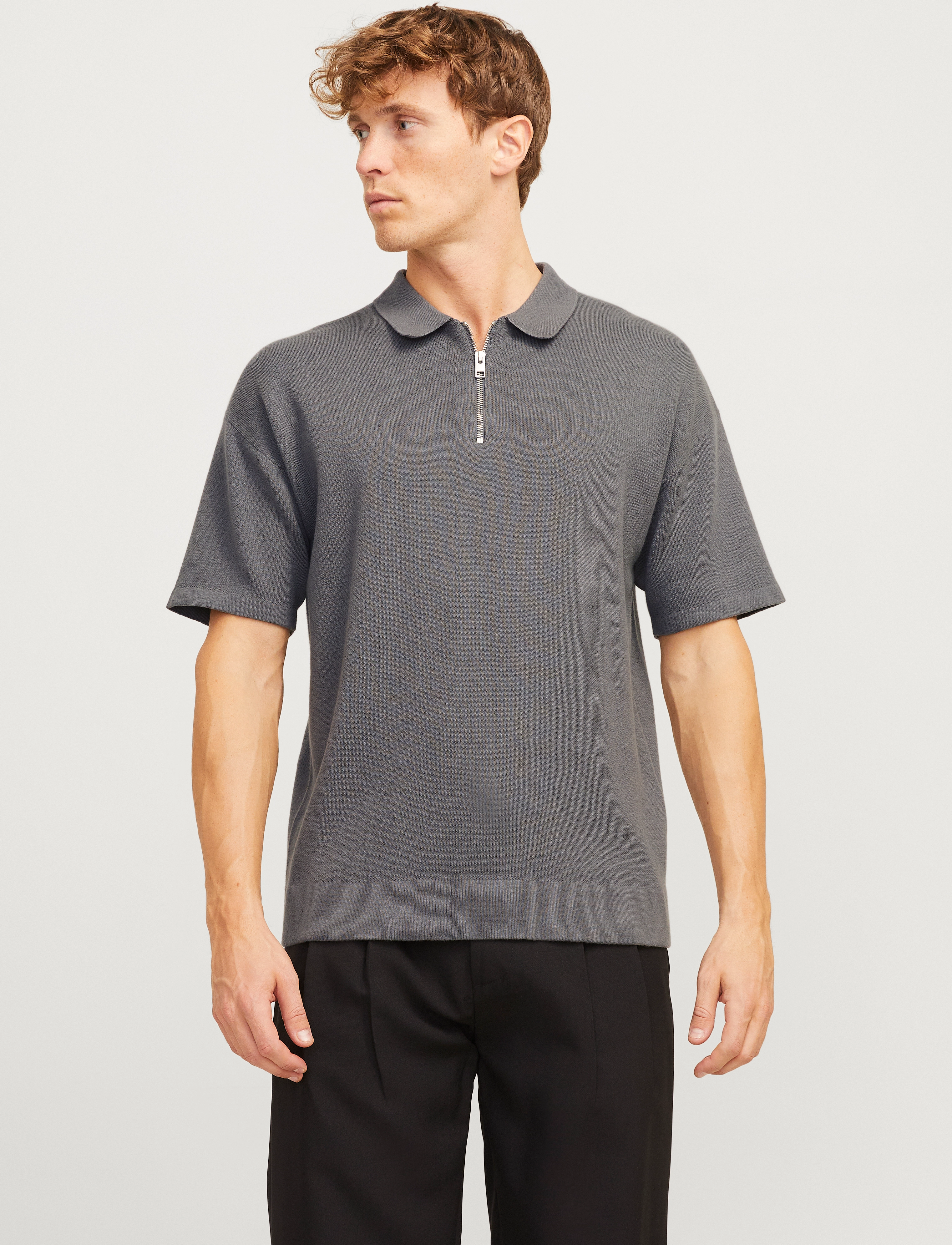 Jack & Jones Jjtroy Knit Zip Polo, XL, Grey, Strik > Kortærmede Strikkede Poloer, Herre