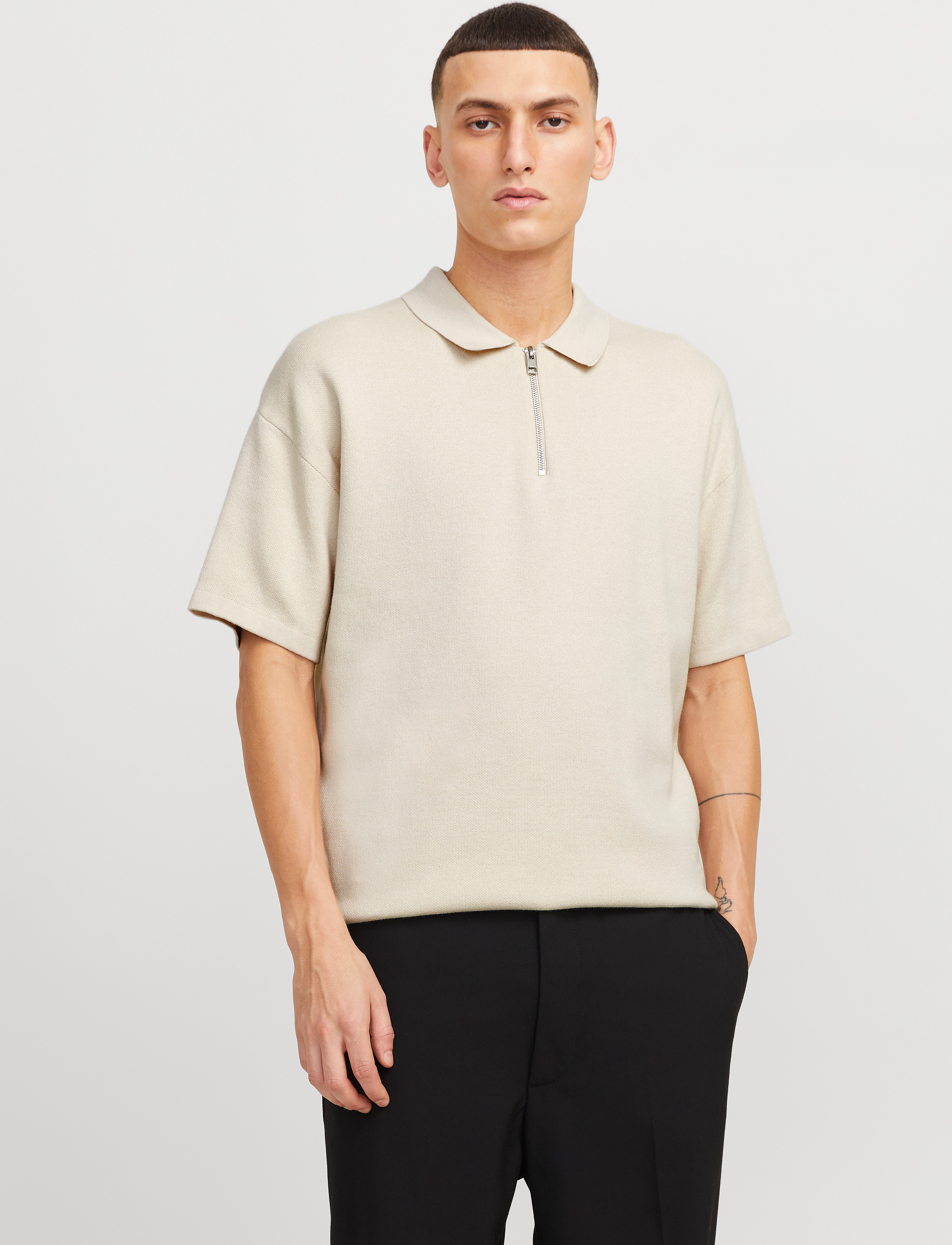 Jack & Jones Jjtroy Knit Zip Polo, Mænd, Strikket Lynlås Polo, Cream, Str: XL