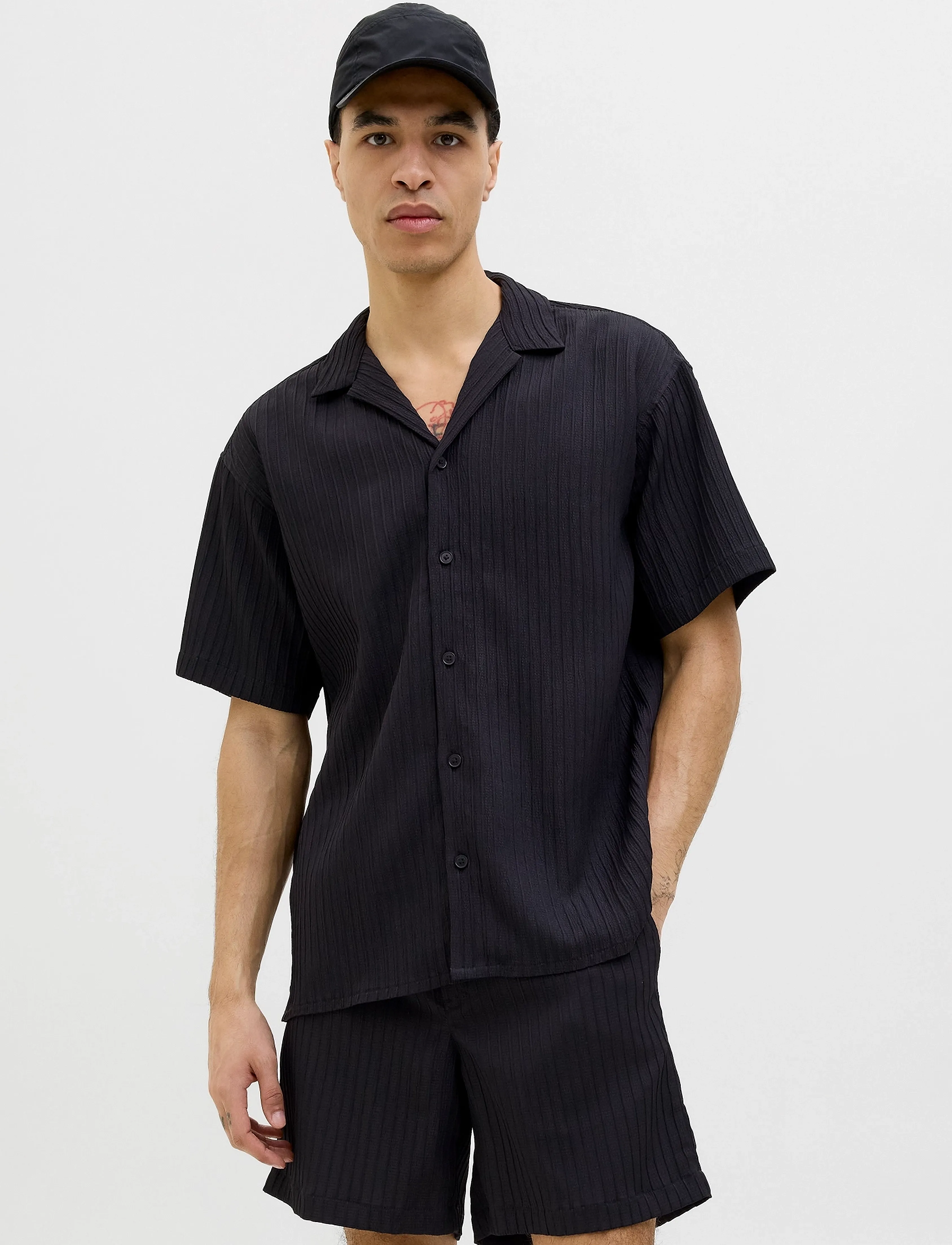 Jack & Jones Jjmassimo Resort Shirt Ss Ln, Mænd, Plisseret Resort Skjorte, Sort, Str: M