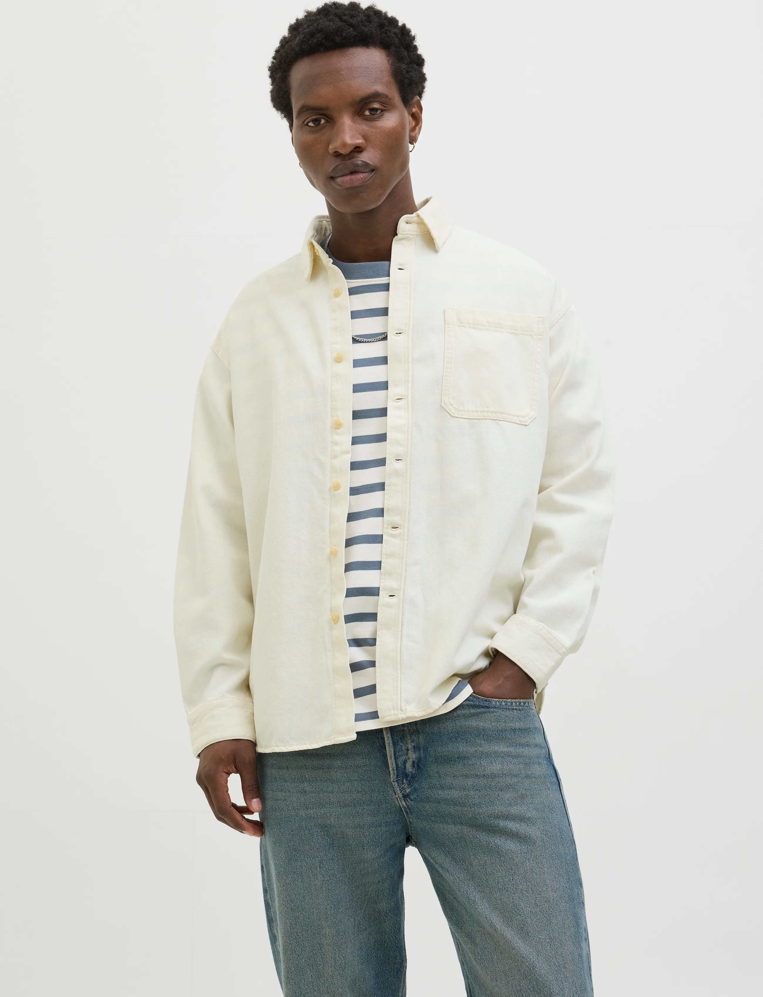 Jack & Jones Jorsantorini Denim Shirt Ls Sn, L, Shirts, Creme - Casual Männerswear