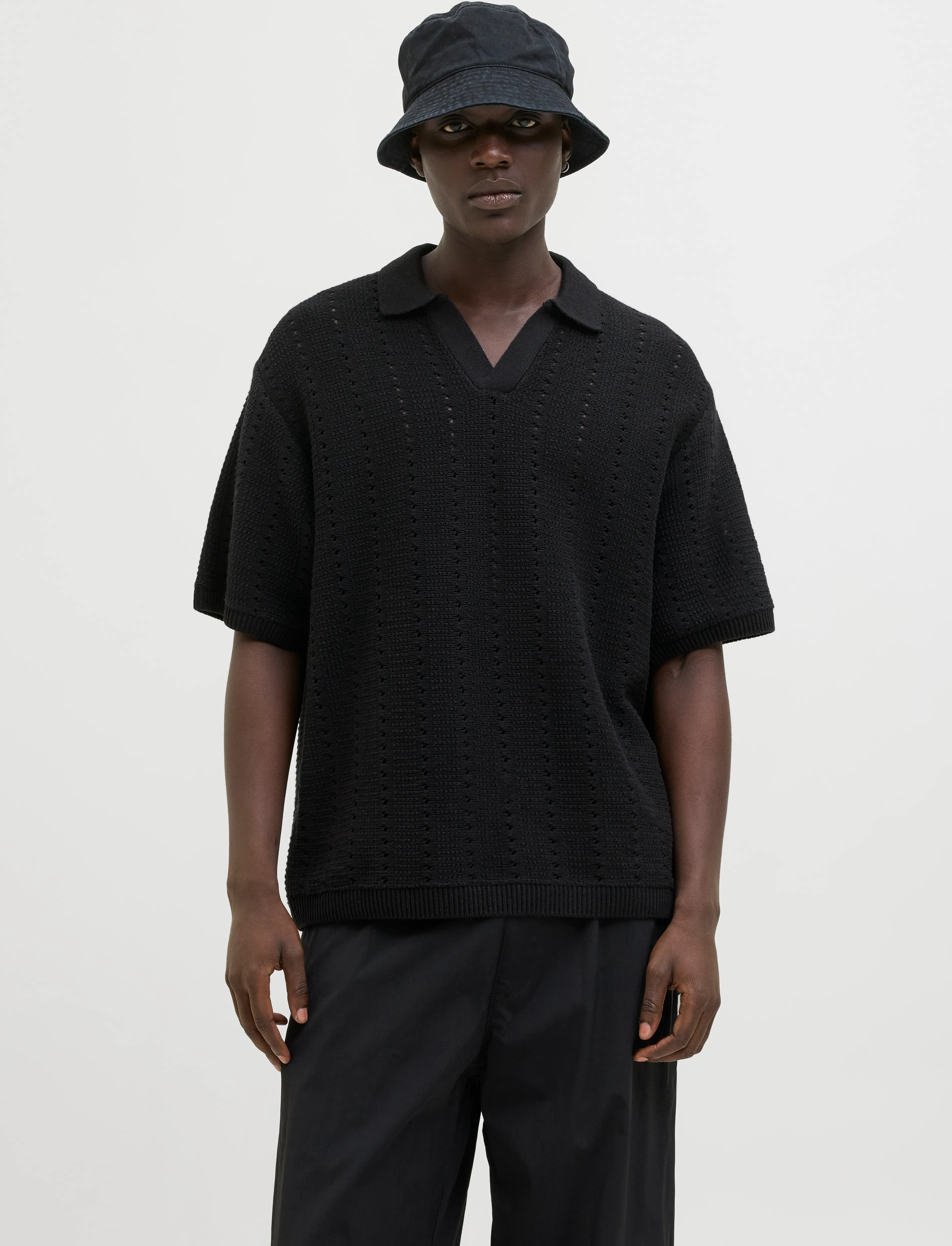 Jack & Jones Jorparos Knit Easter Ss Crochet Polo, XL, Black, Strik > Kortærmede Strikkede Poloer, Herre