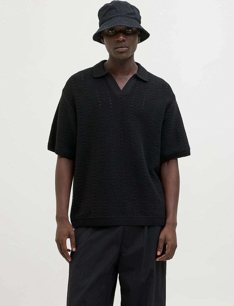 Jack & Jones - JORPAROS KNIT EASTER SS CROCHET POLO - knitted polos - black - 0