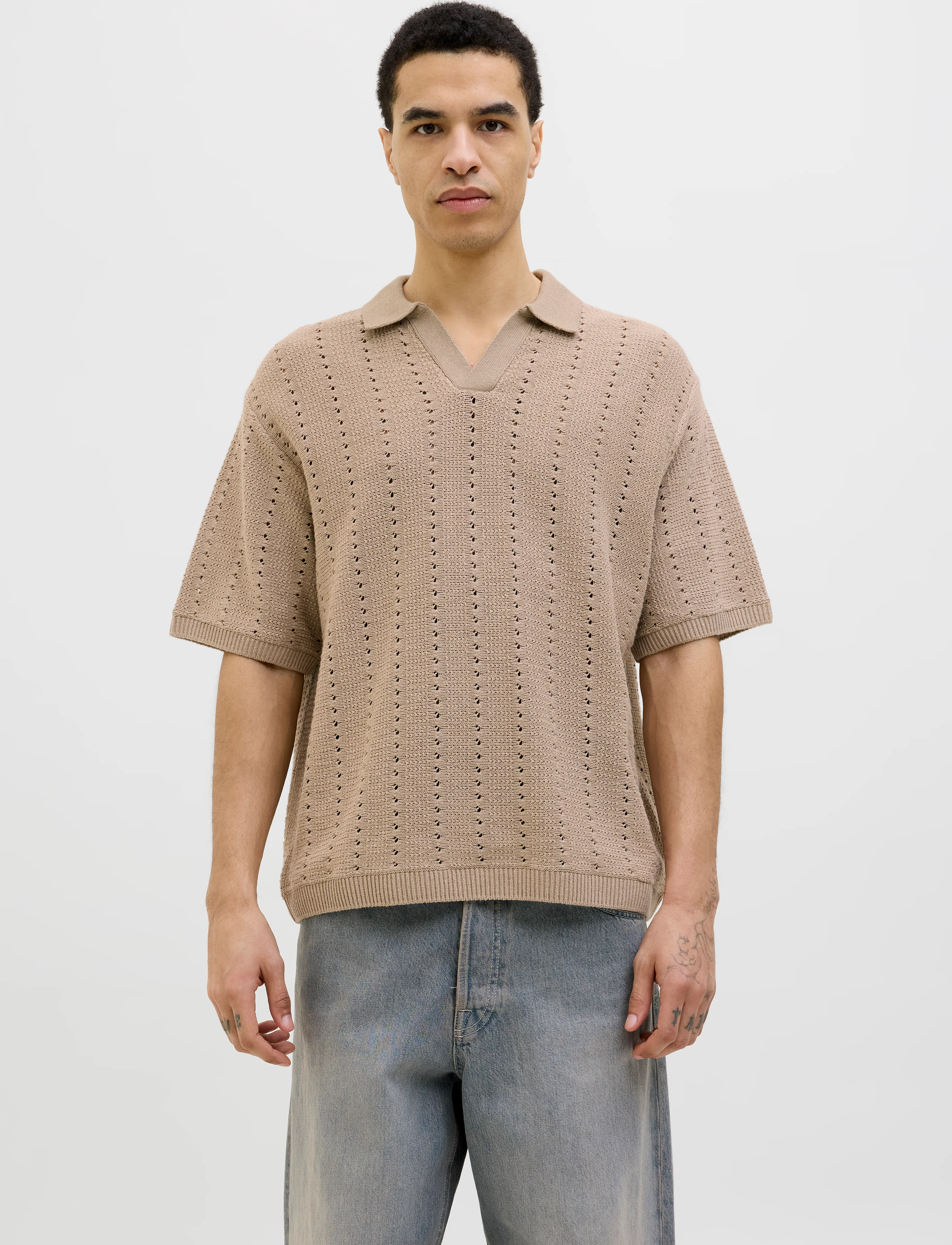 Jack & Jones Jorparos Knit Easter Ss Crochet Polo, Mænd, Hæklet Strik Polo Shirt, Beige, Str: XS