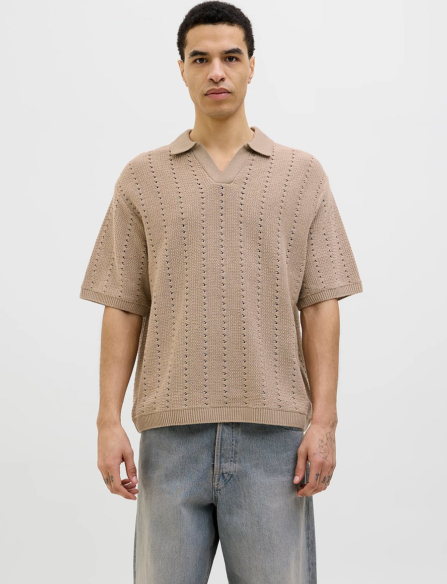 Jack & Jones - JORPAROS KNIT EASTER SS CROCHET POLO - polostrik - safari - 0