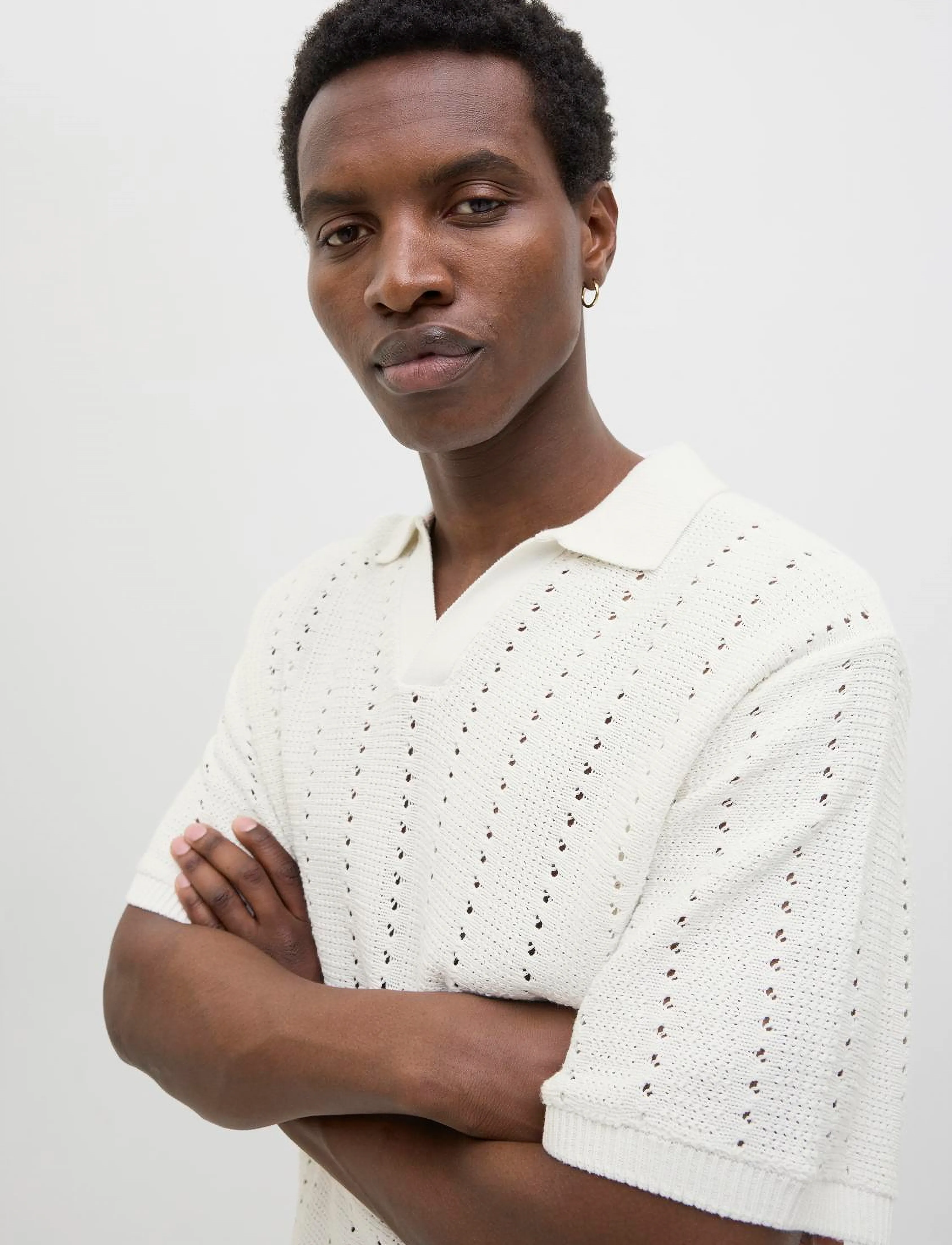 Jack & Jones Jorparos Knit Easter Ss Crochet Polo, Mænd, Hæklet Strik Polo Shirt, Cream, Str: S