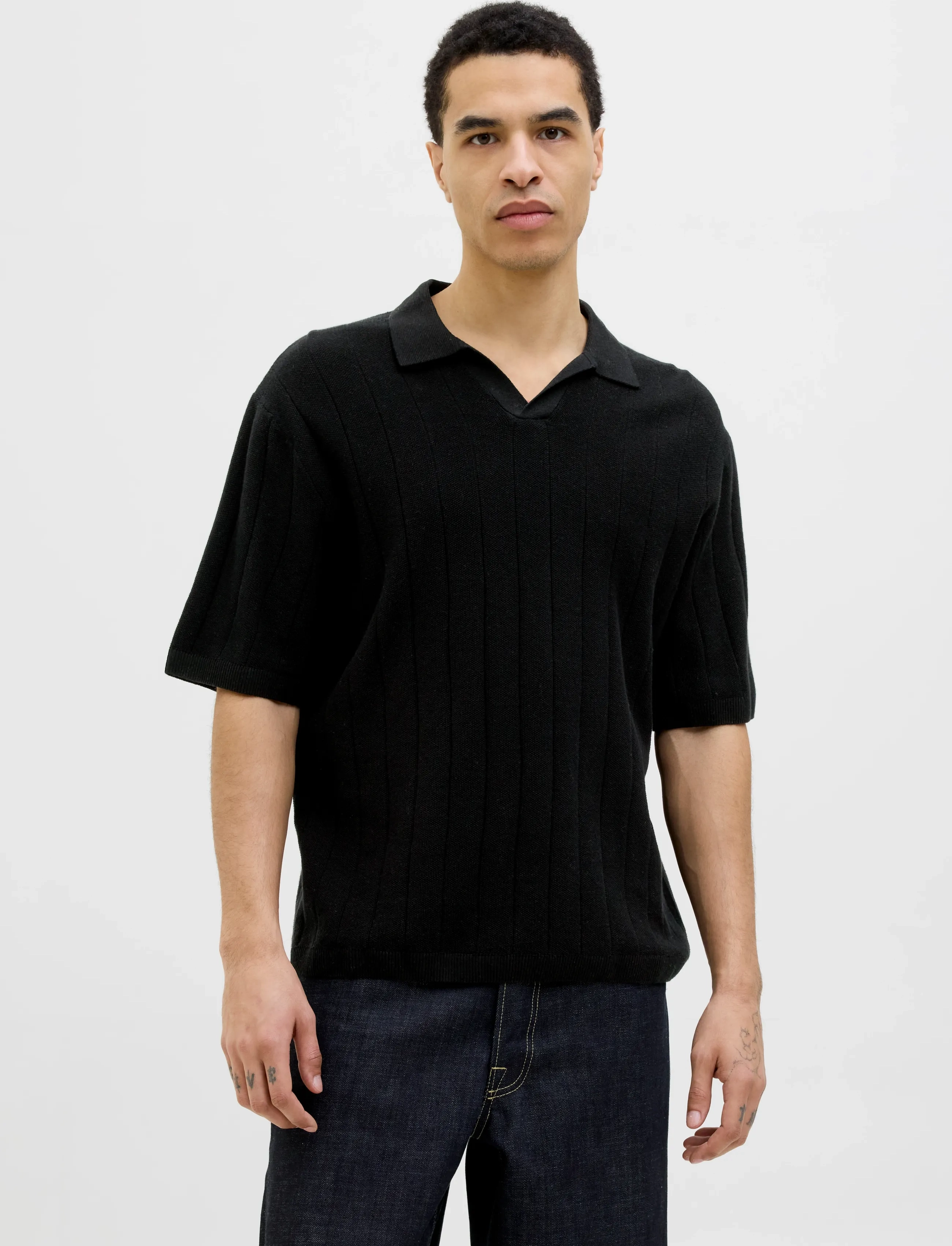 Jack & Jones Jorvarenna Knit Ss Split Neck, S, Black, Poloer > Kortærmede, Herre