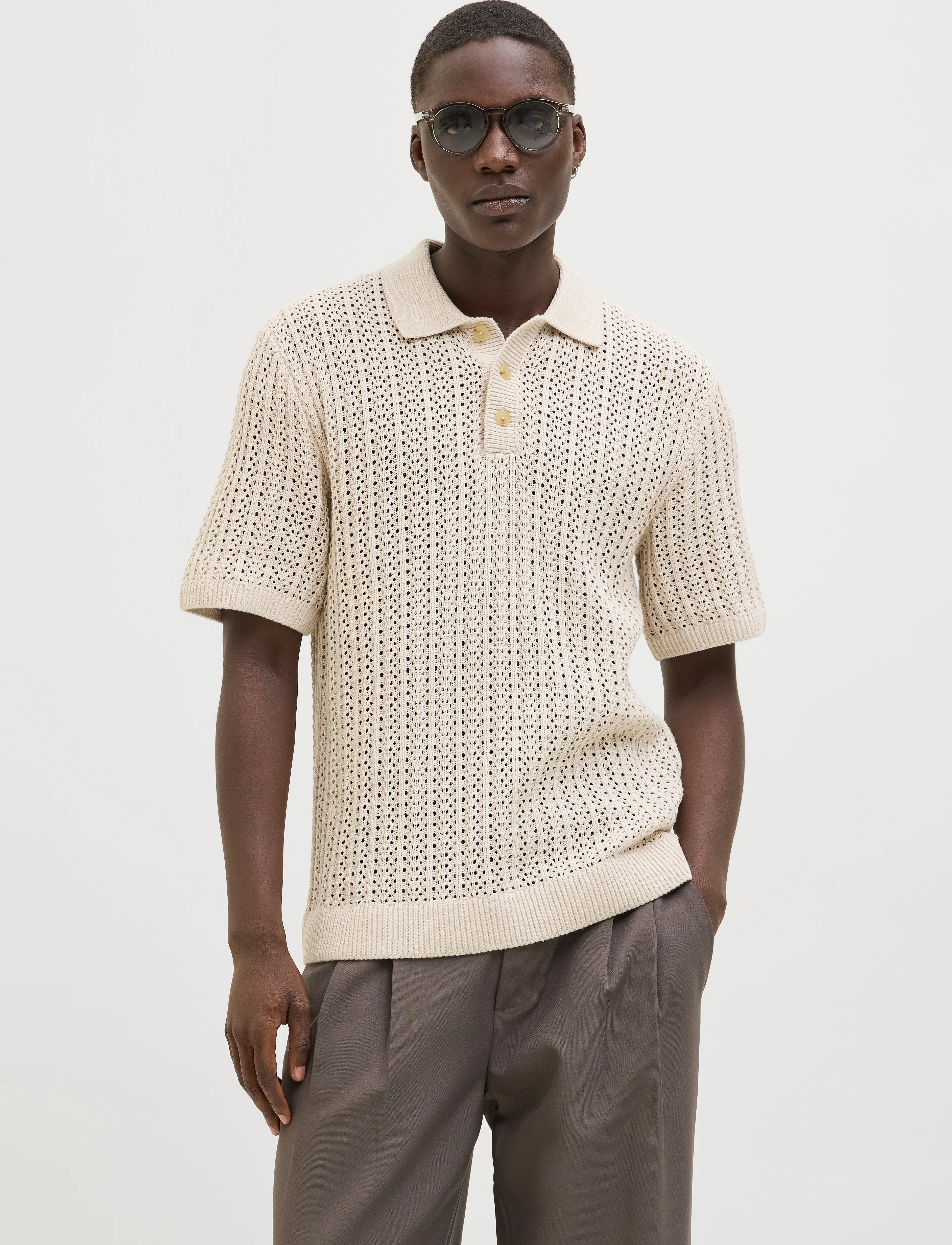 Jack & Jones Jprccjoel Knit Polo Ss Sn, Mænd, Strikket Kortærmet Poloshirt, Beige, Str: M