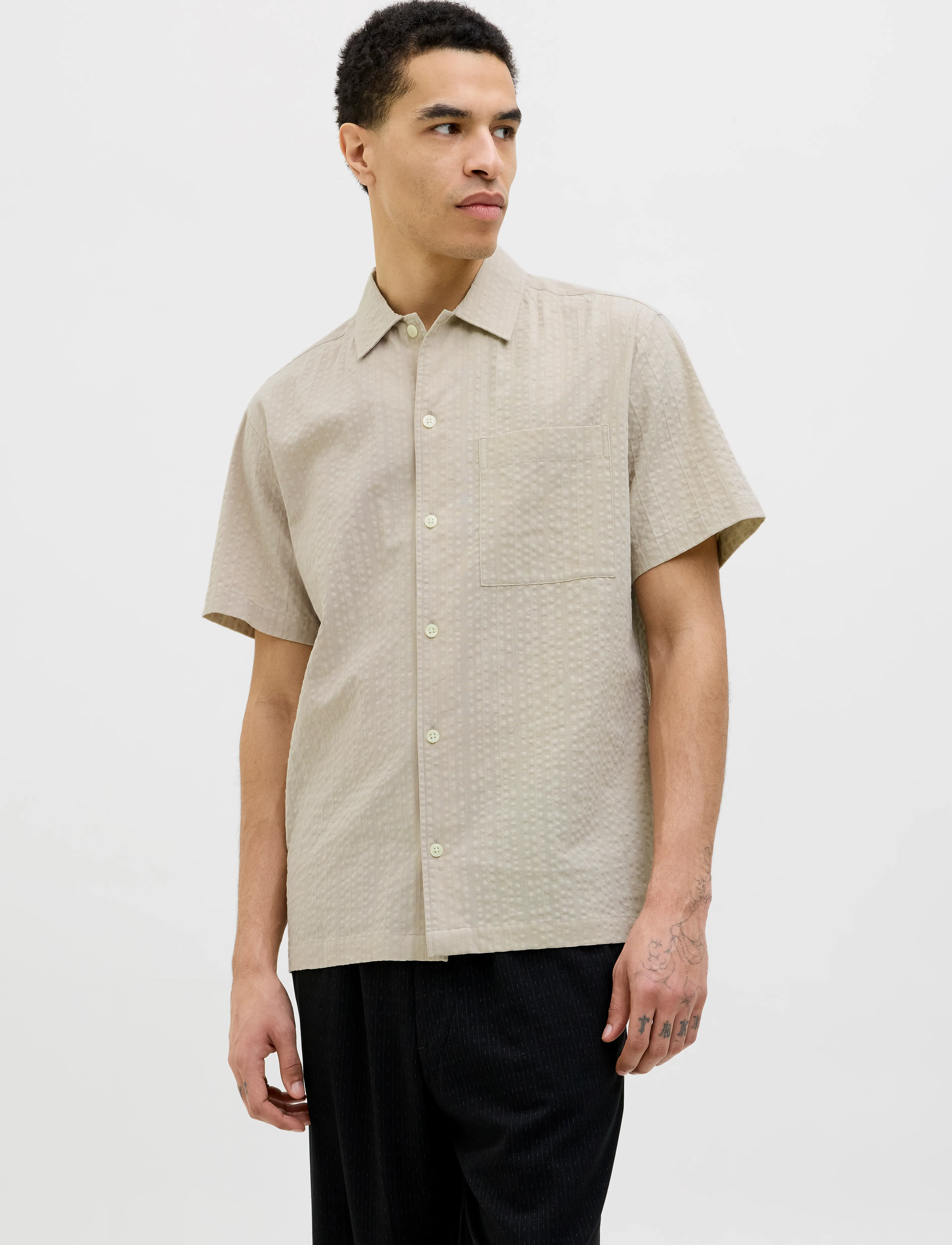 Jack & Jones JPRCCEASTON SEERSUCKER S/S SHIRT LN - Skjorter - SILVER LINING / beige