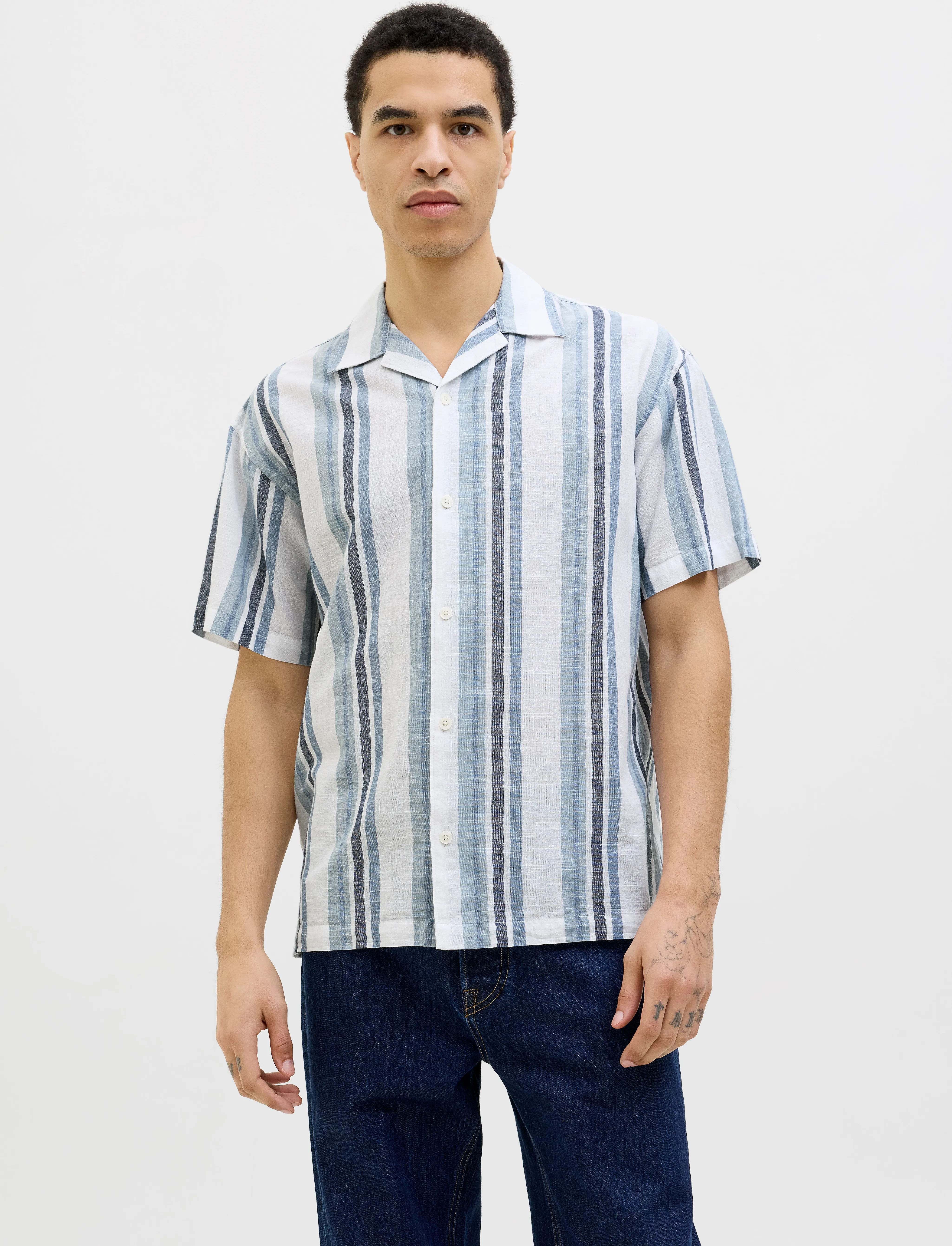 Jack & Jones Jprccsummer Stripe Resort S/S Shirt Sn, S, Blue, Skjorter > Kortærmede Shirts, Herre