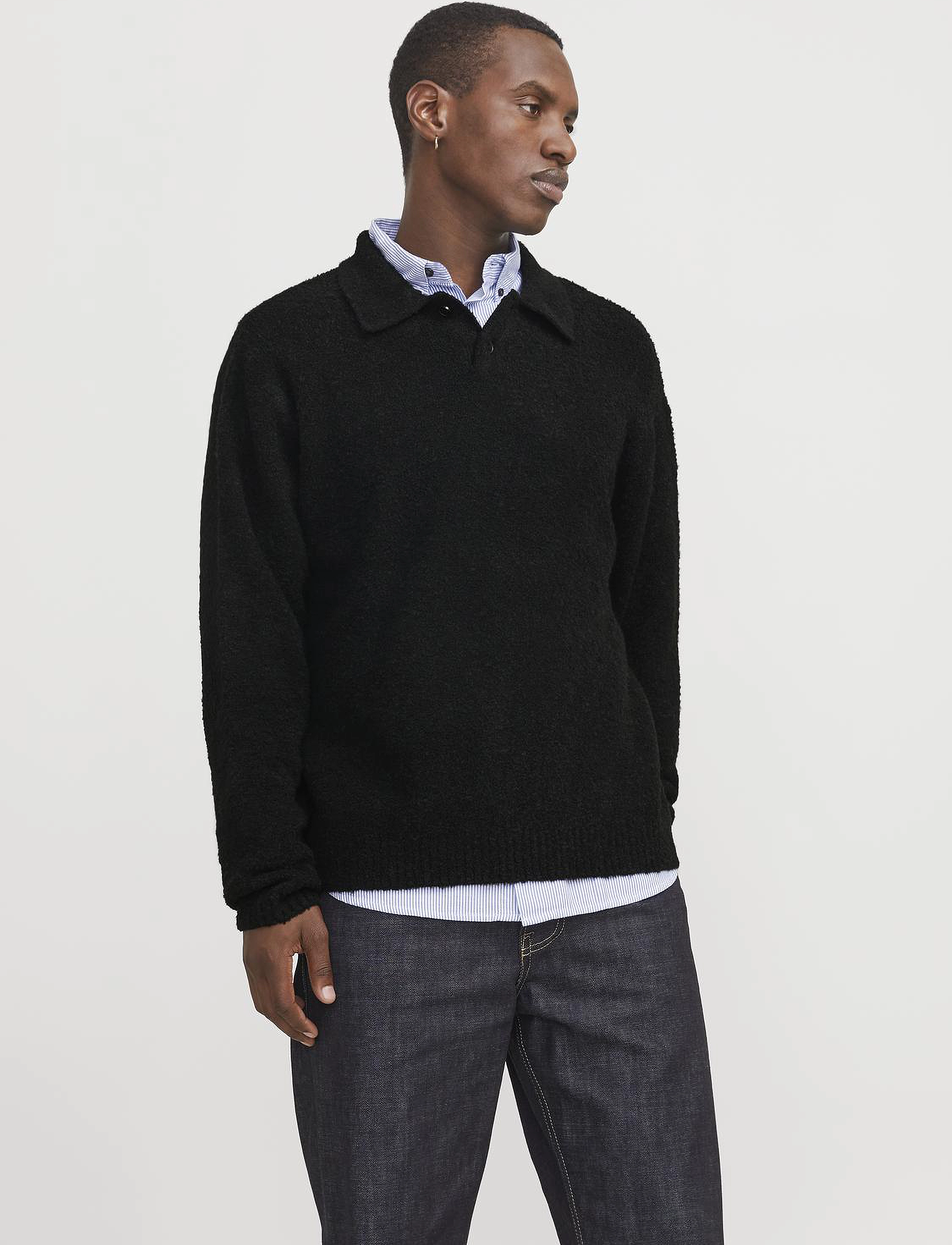 Jack & Jones Jprwinter Knit Boucle Polo Styd Aw24, Mænd, Bouclé Strikket Poloshirt, Sort, Str: XL