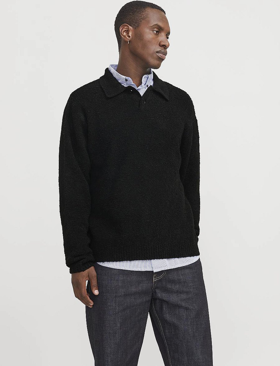 Jack & Jones - JPRWINTER KNIT BOUCLE POLO STYD AW24 - langärmelige gestrickte polohemden - black - 0