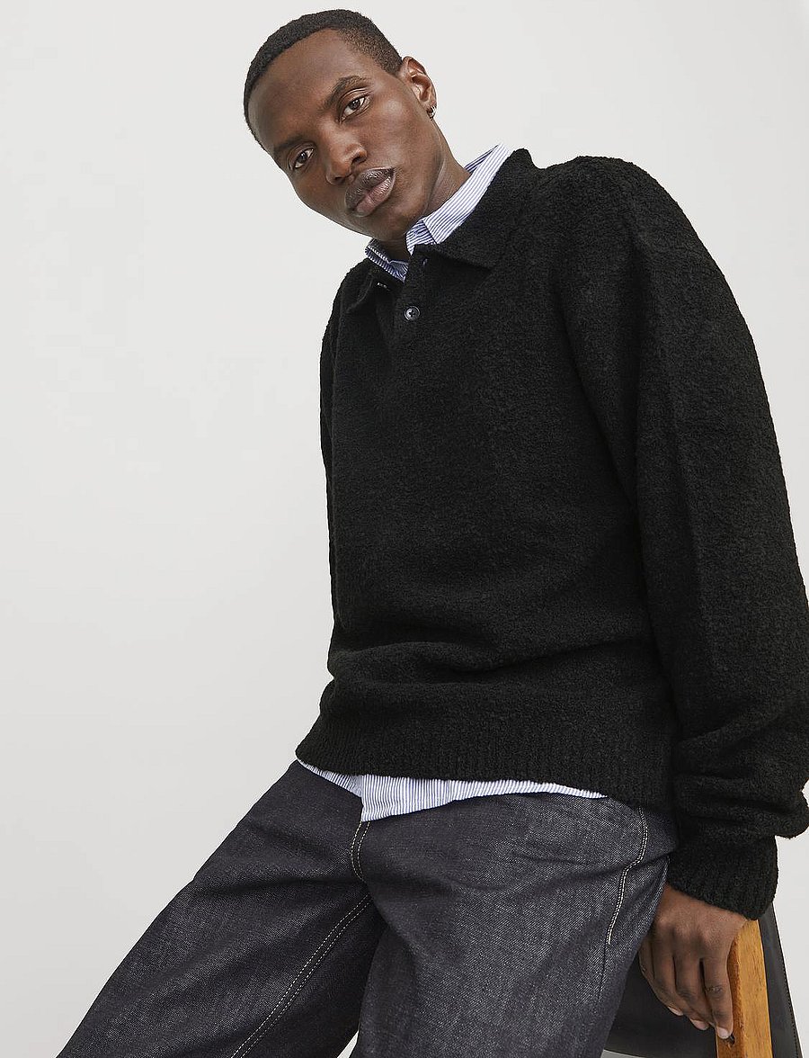 Jack & Jones - JPRWINTER KNIT BOUCLE POLO STYD AW24 - langärmelige gestrickte polohemden - black - 4