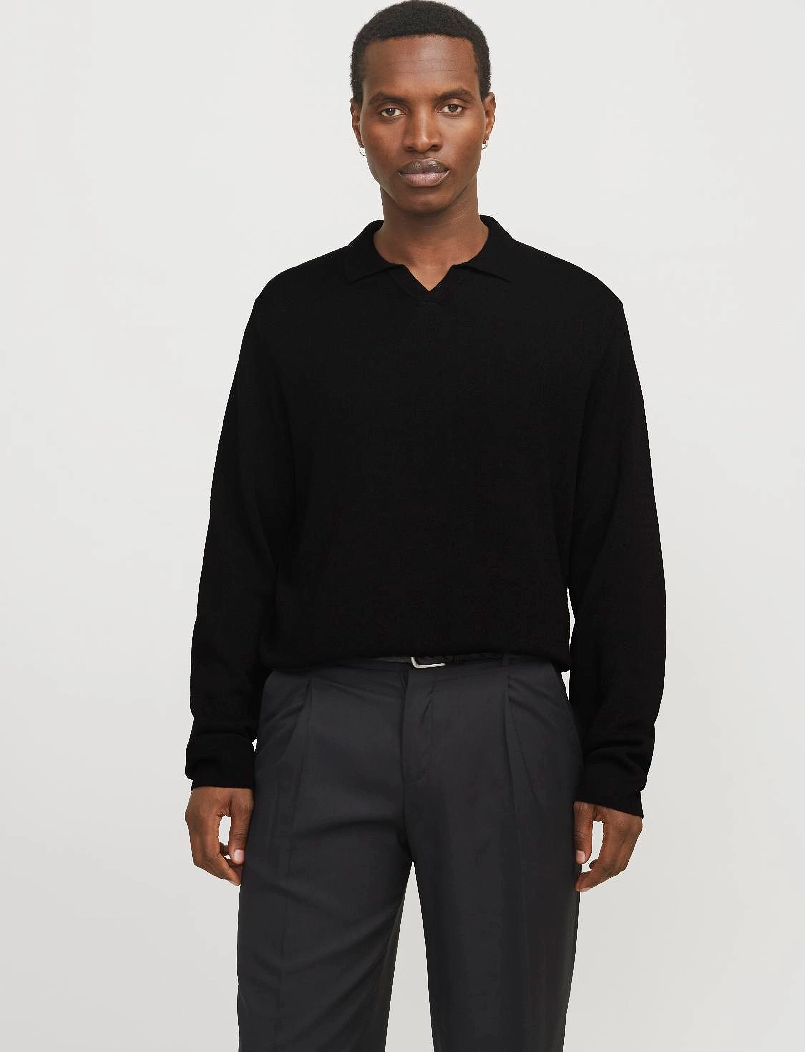 Jack & Jones - JPRWASON KNIT SPLIT NECK STYD AW24 - långärmade stickade pikétröjor - black - 4