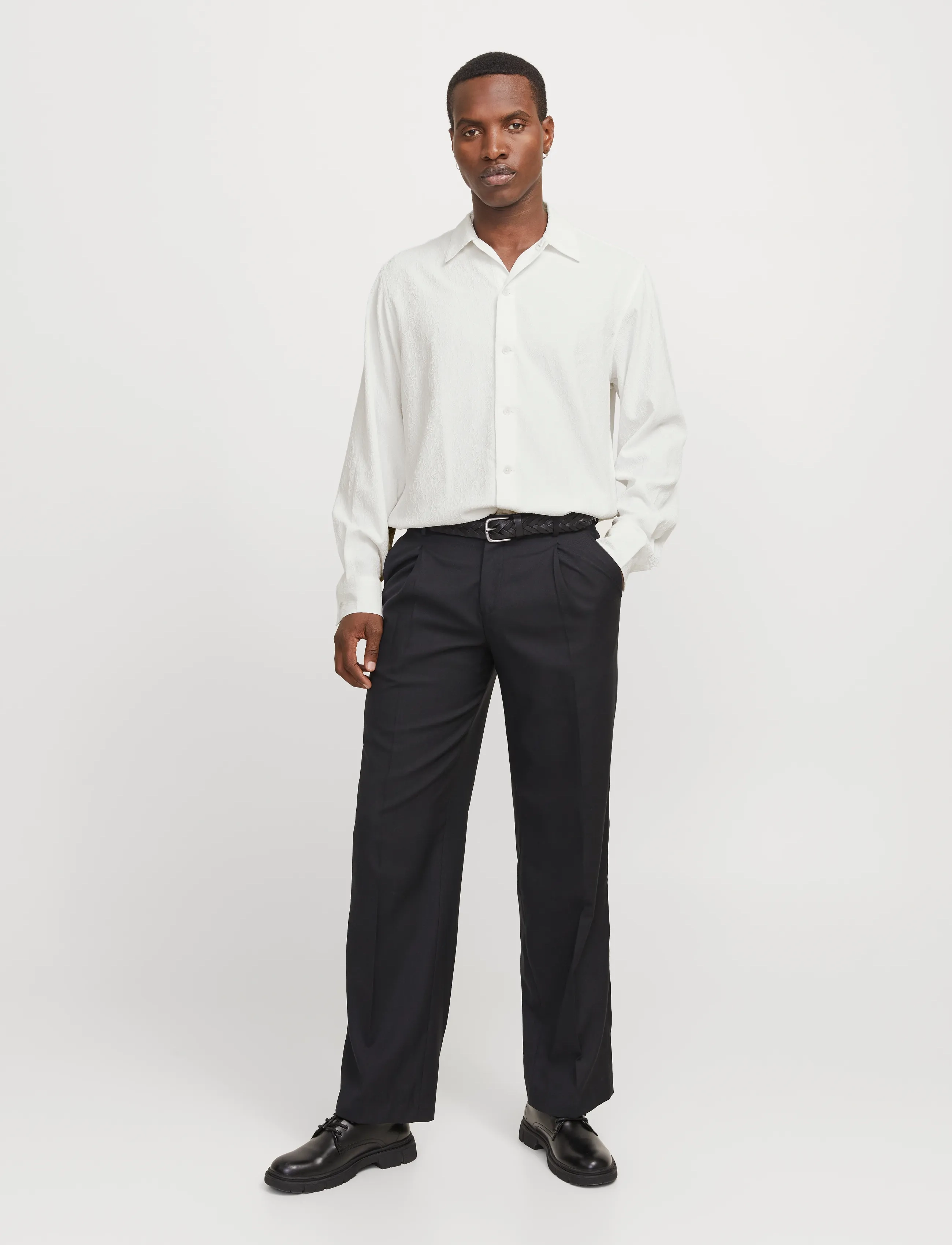 Jack & Jones Jprblatrend Jacquard L/S Shirt Styd Aw24, M, White, Skjorter > Afslappet Shirts, Herre