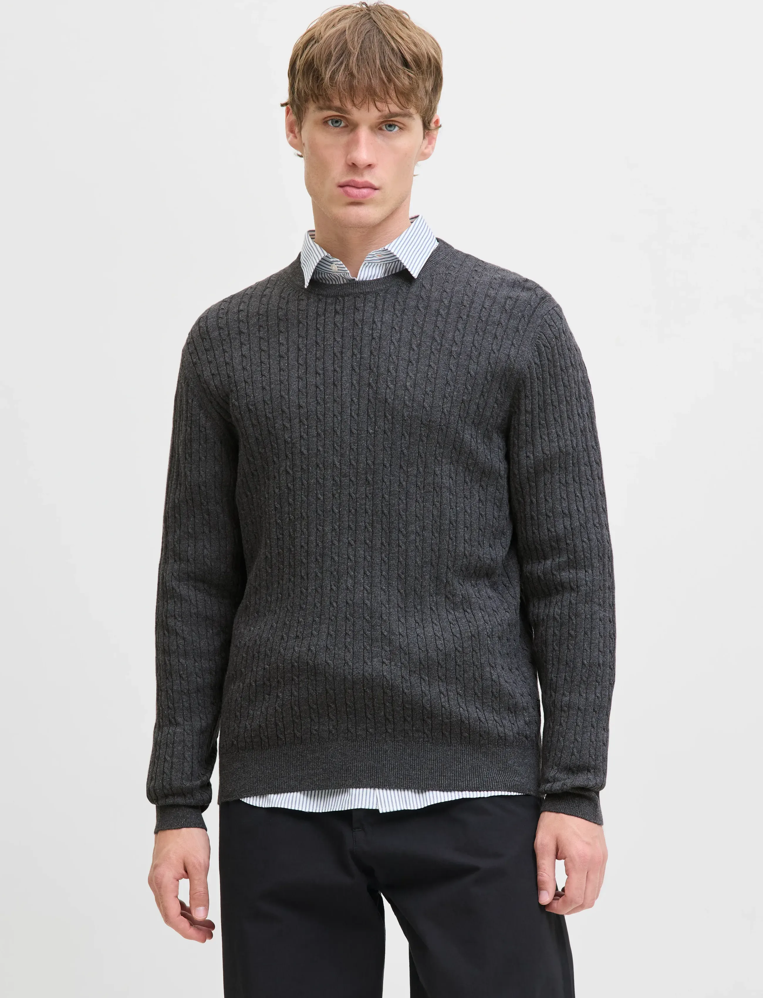 Jack & Jones - JJEEMIL KNIT CABLE CREW NECK NOOS - rundhalsad - dark grey melange - 4