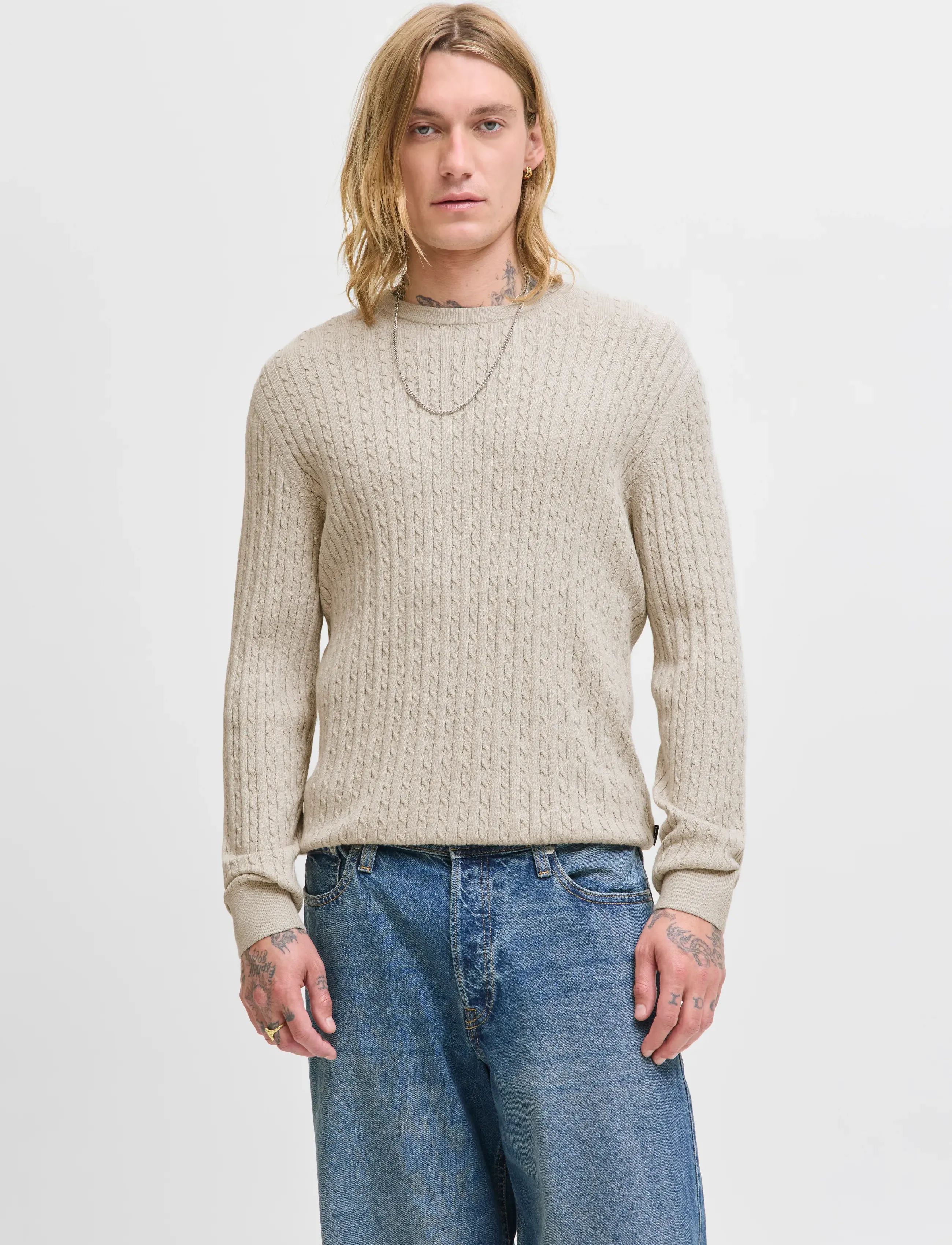 Jack & Jones Jjeemil Knit Cable Crew Neck Noos, M, Beige, Strik > Runde Halse, Herre