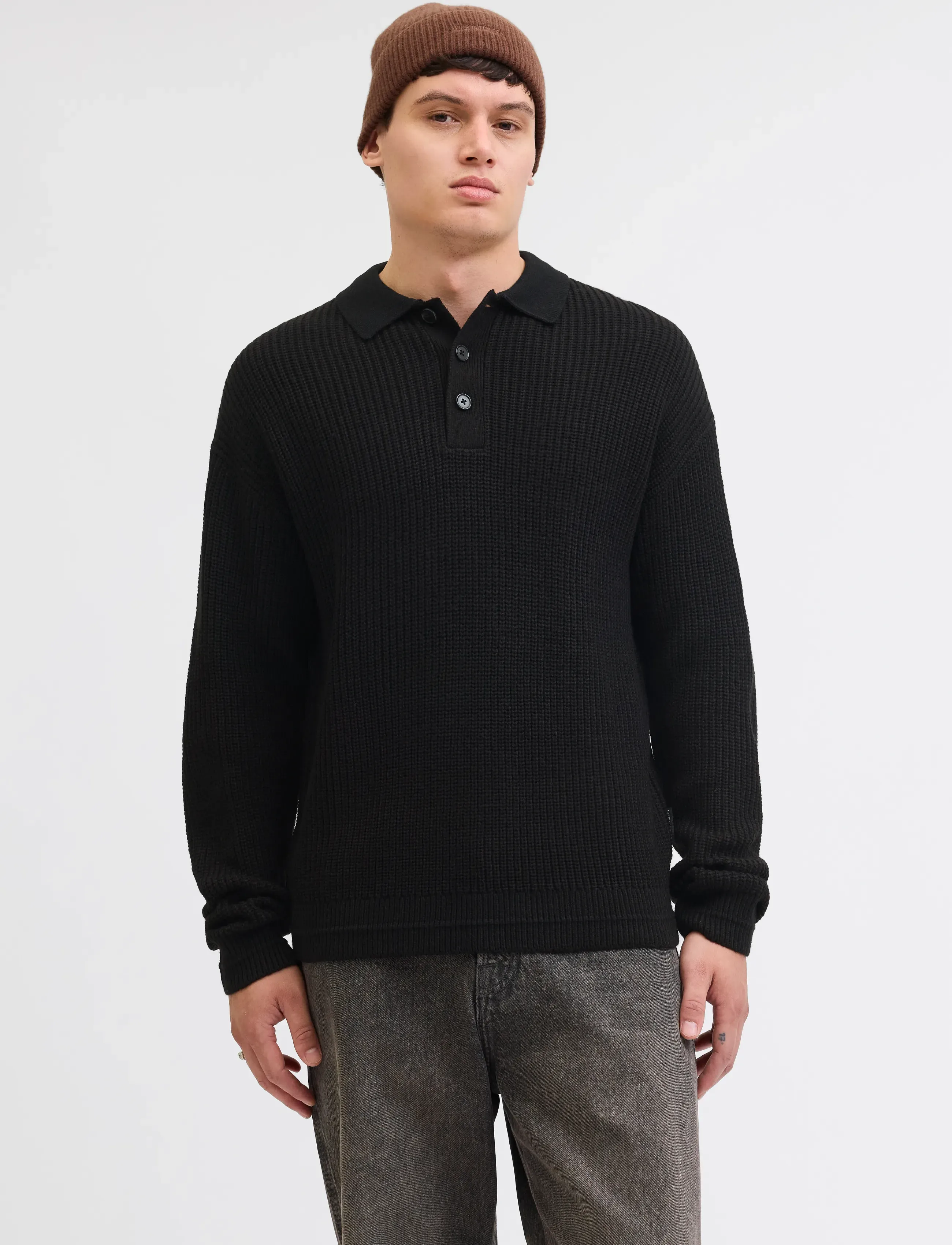 Jack & Jones - JJKAITO KNIT POLO BF - långärmade stickade pikétröjor - black - 0