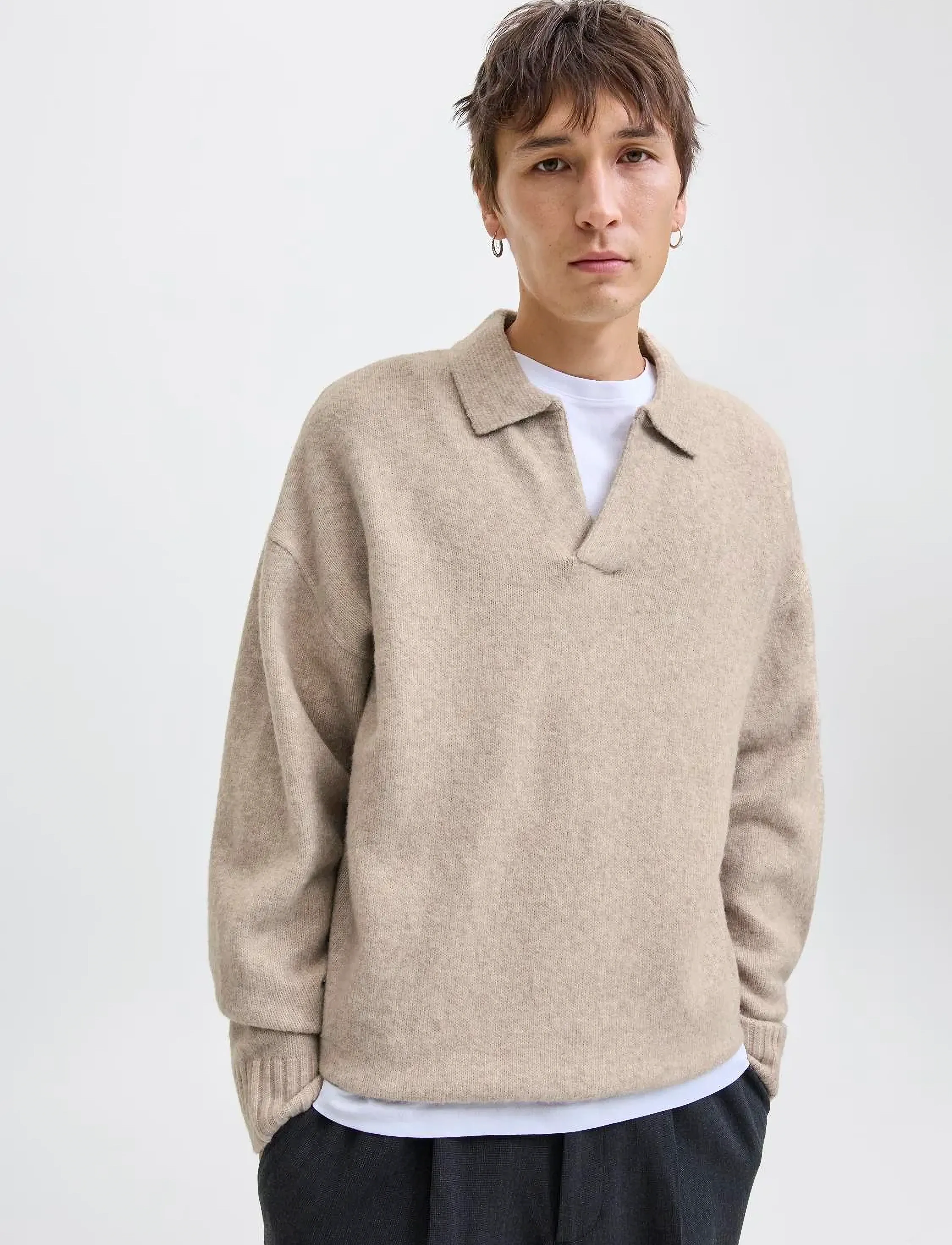Jack & Jones Jjsoho Ollie Knit Split Neck Ln, Mænd, Split Hals Strikket Sweater, Beige, Str: M