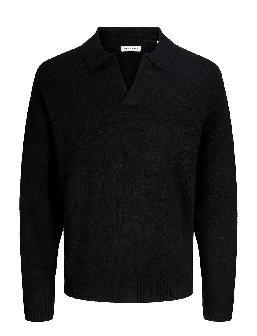 Jack & Jones - JJSOHO OLLIE KNIT SPLIT NECK LN - langärmelige gestrickte polohemden - black - 1