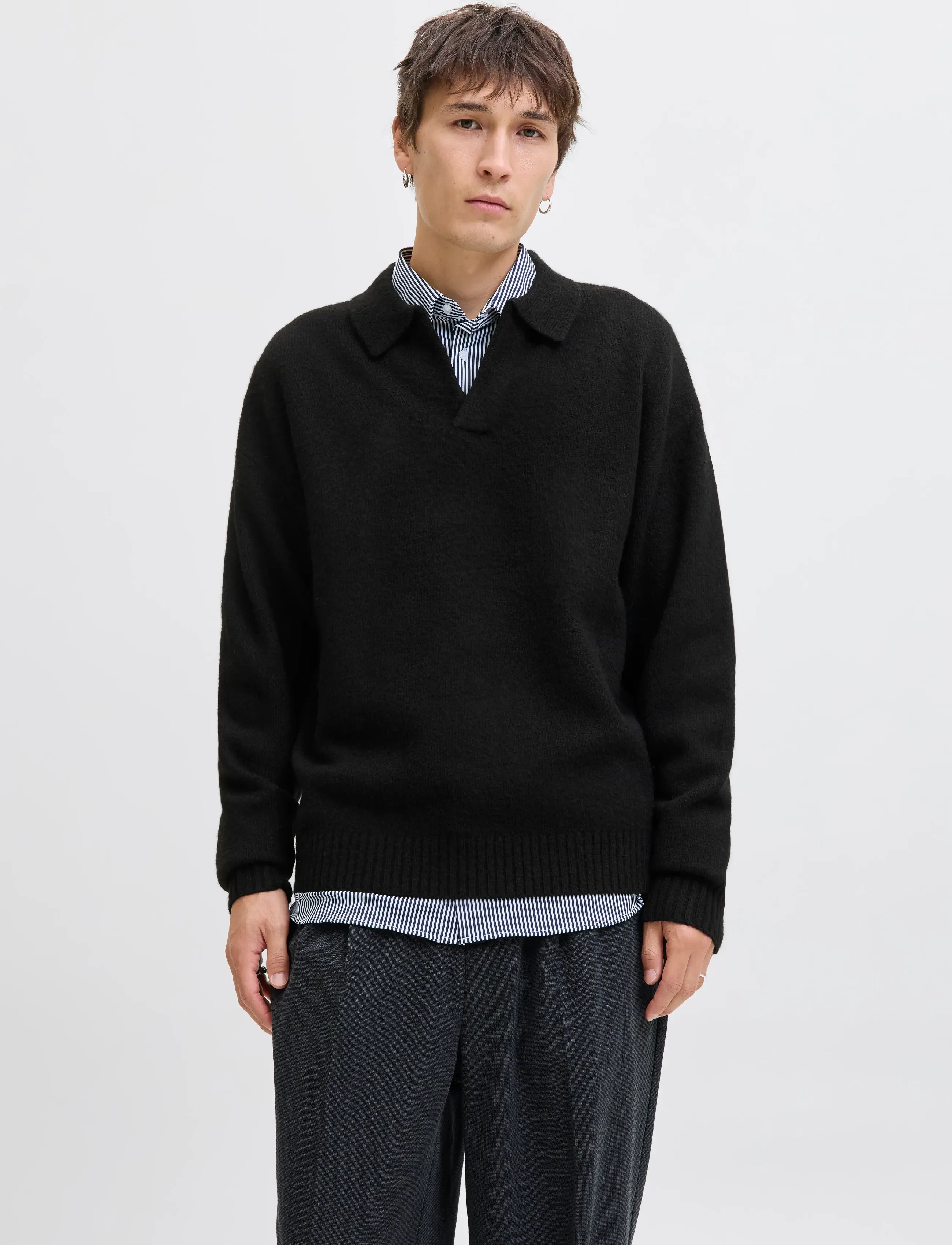 Jack & Jones Jjsoho Ollie Knit Split Neck Ln, Mænd, Split Hals Strikket Sweater, Sort, Str: XL