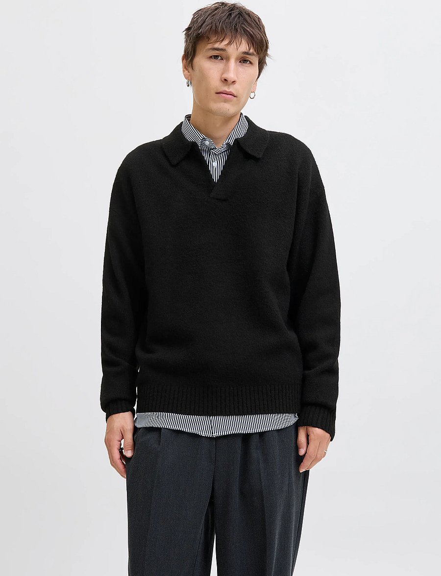 Jack & Jones - JJSOHO OLLIE KNIT SPLIT NECK LN - langärmelige gestrickte polohemden - black - 0