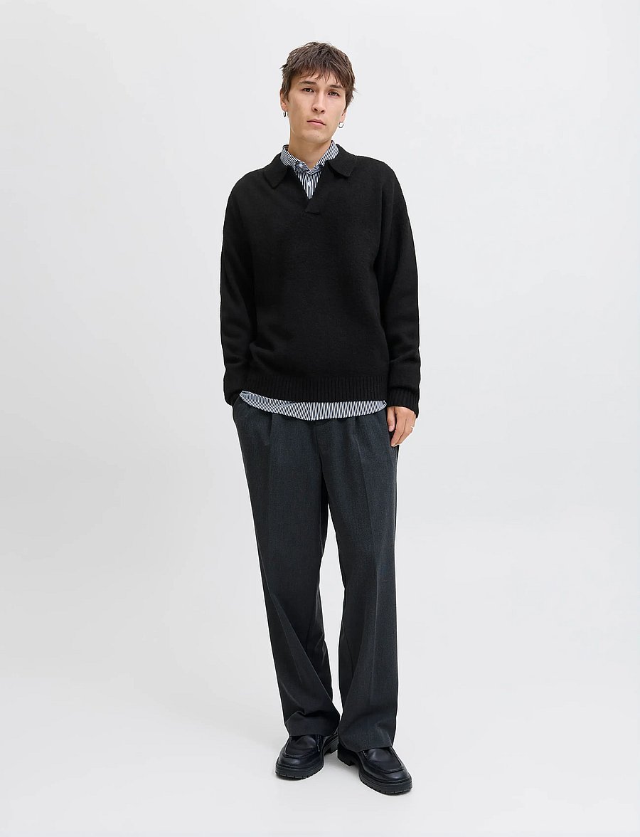 Jack & Jones - JJSOHO OLLIE KNIT SPLIT NECK LN - langärmelige gestrickte polohemden - black - 5