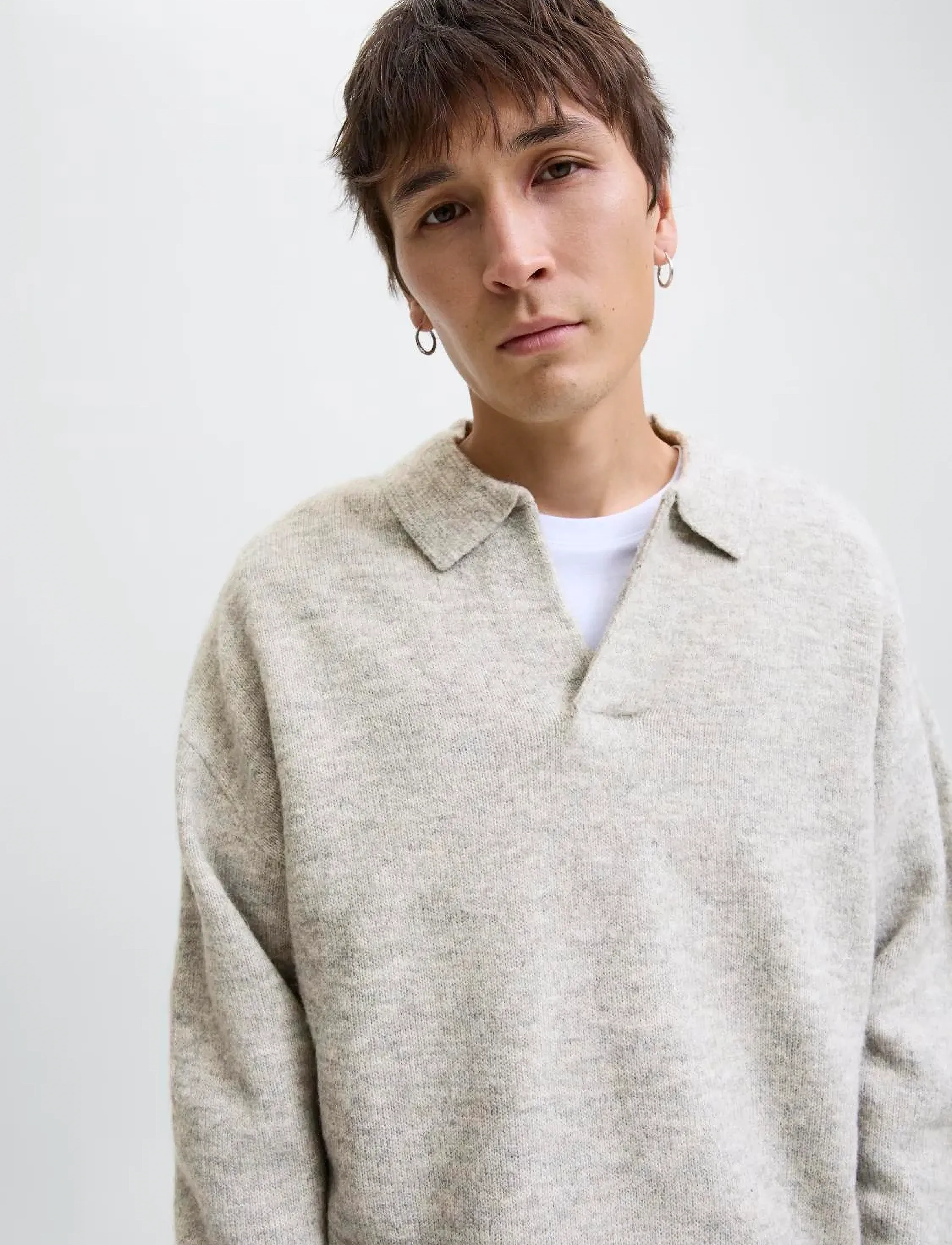 Jack & Jones JJSOHO OLLIE KNIT SPLIT NECK LN - Looks for less - LIGHT GREY MELANGE / grey