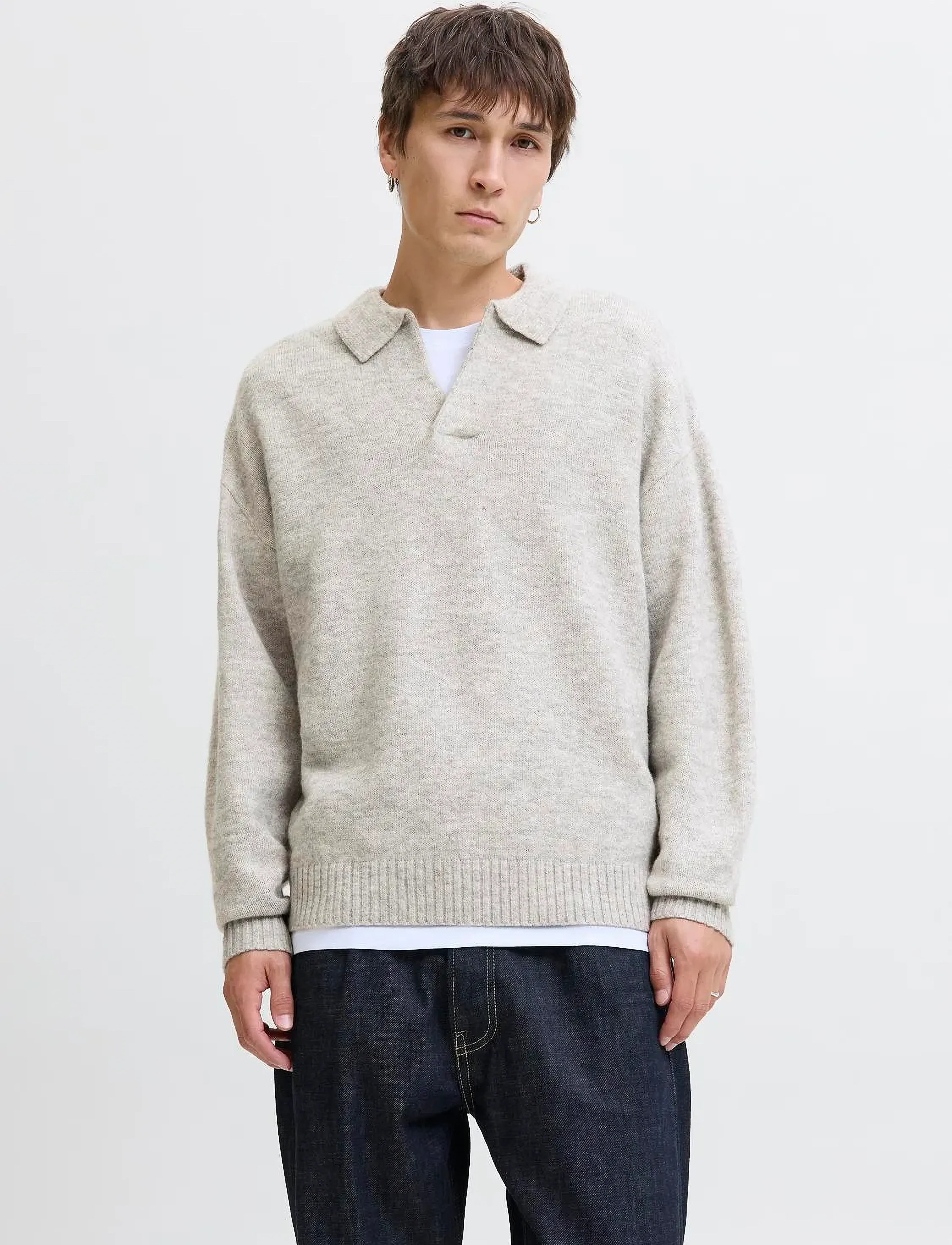 Jack & Jones - JJSOHO OLLIE KNIT SPLIT NECK LN - langärmelige gestrickte polohemden - light grey melange - 3