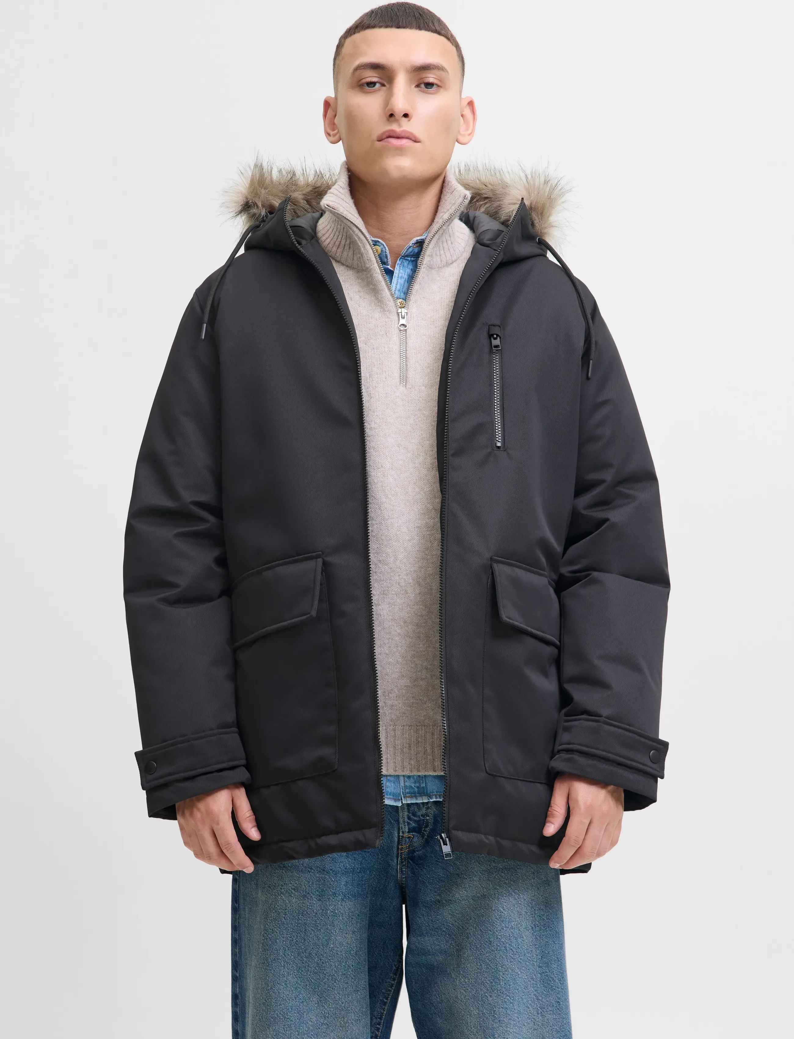 Jack & Jones Jjcharlie Detachable Faux Fur Parka, L, Jackets, Schwarz - Parkas, Männerswear