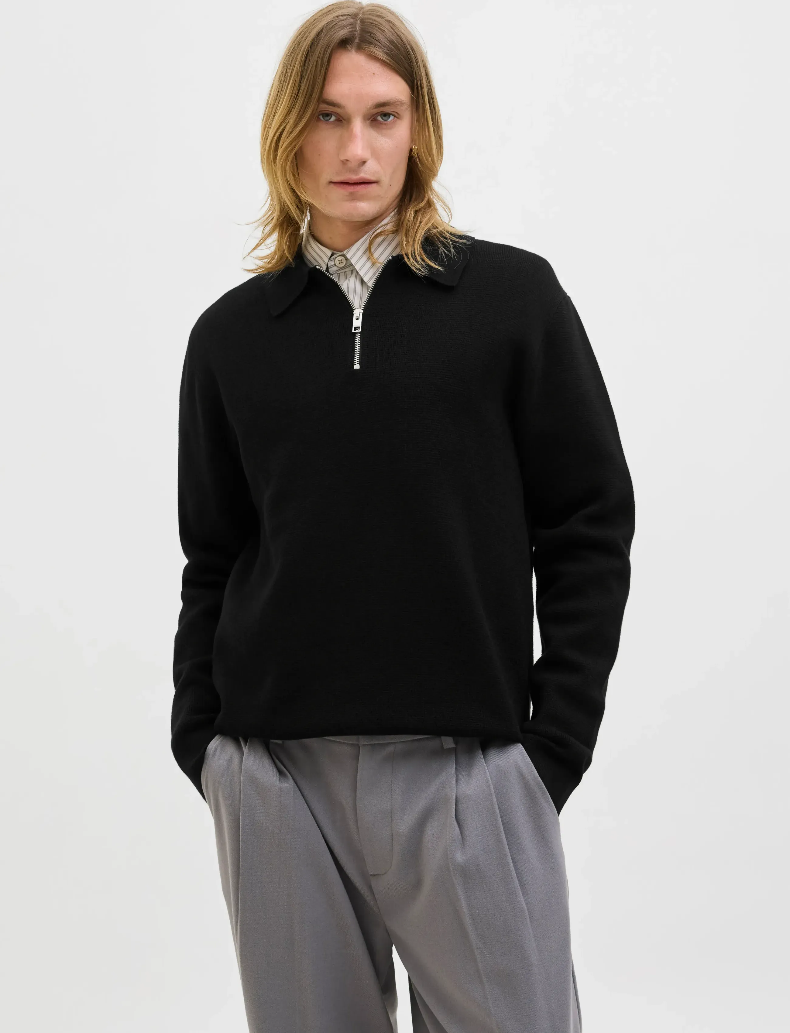 Jack & Jones Jjmilano Stitch Knit Zip Polo Sn, Mænd, Strikket Lynlås Polo, Sort, Str: M