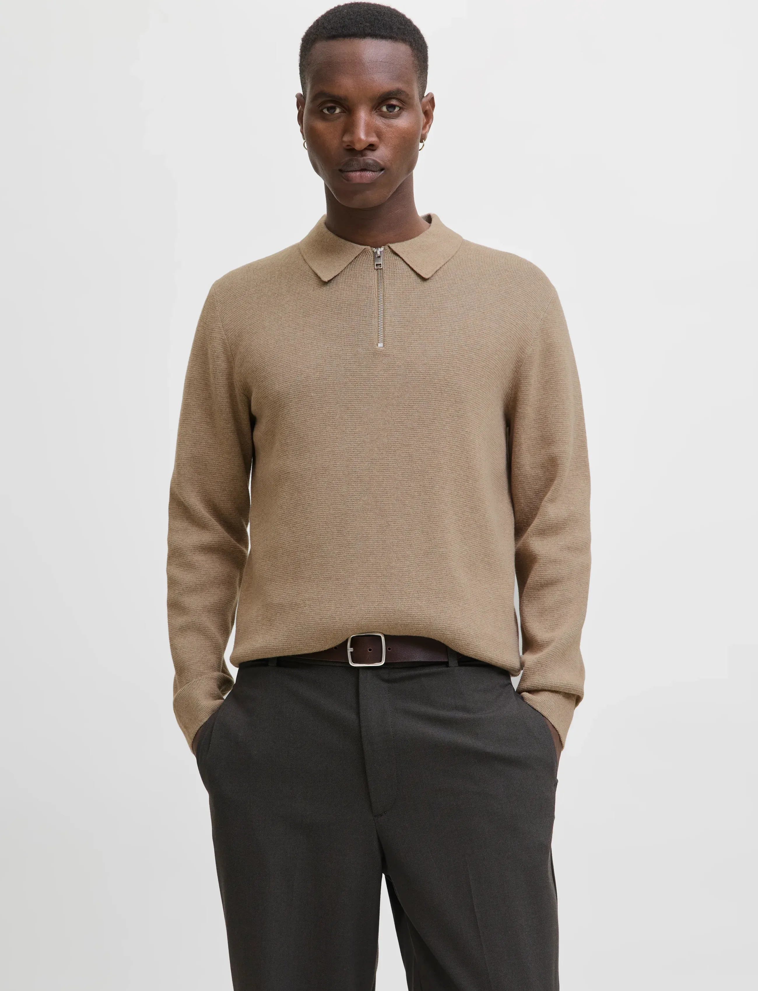 Jack & Jones Jjmilano Stitch Knit Zip Polo Sn, Mænd, Strikket Lynlås Polo, Beige, Str: M
