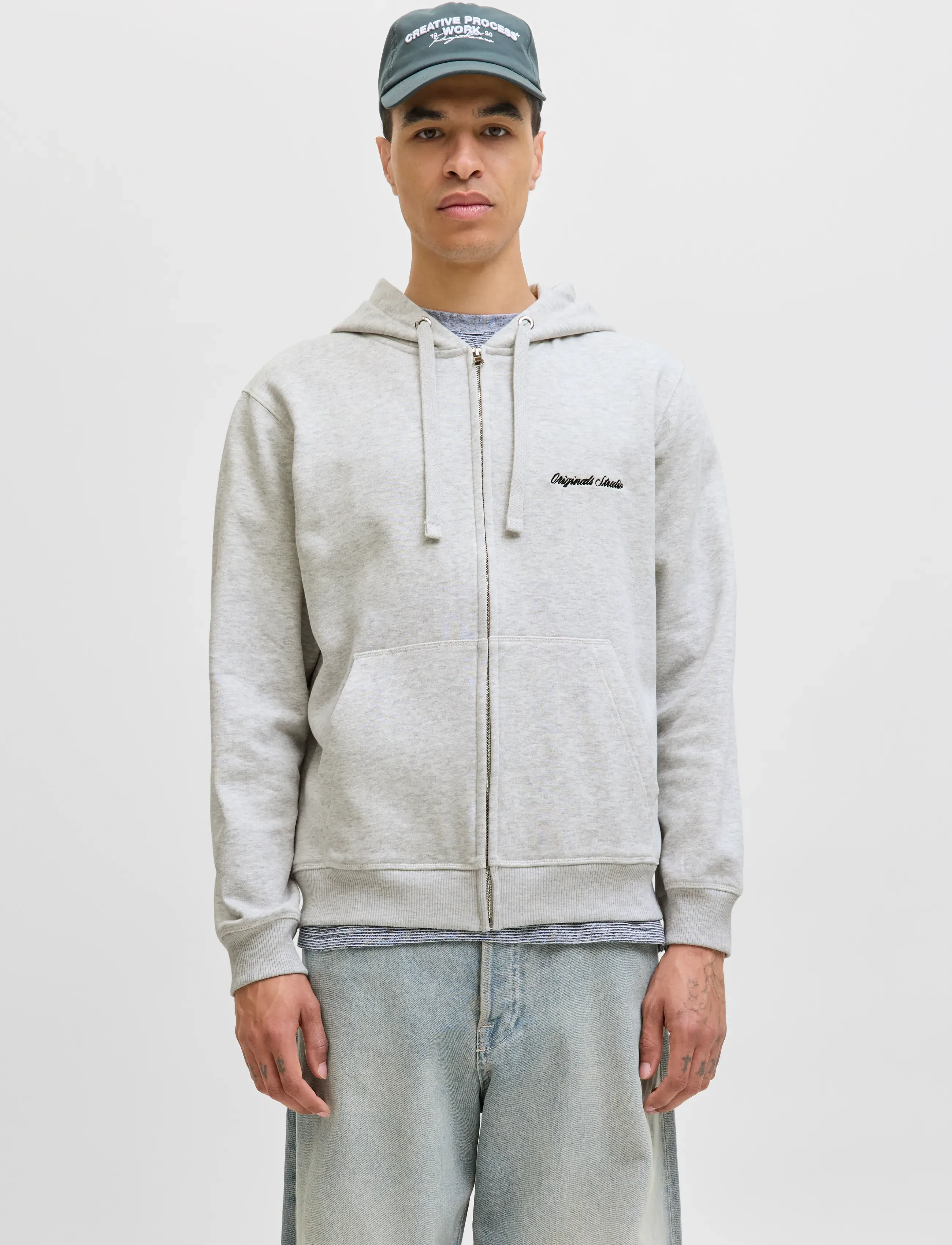 Jack & Jones JORNORREBRO EMB SWEAT ZIP HOOD NOOS - Hupparit - WHITE MELANGE / grey