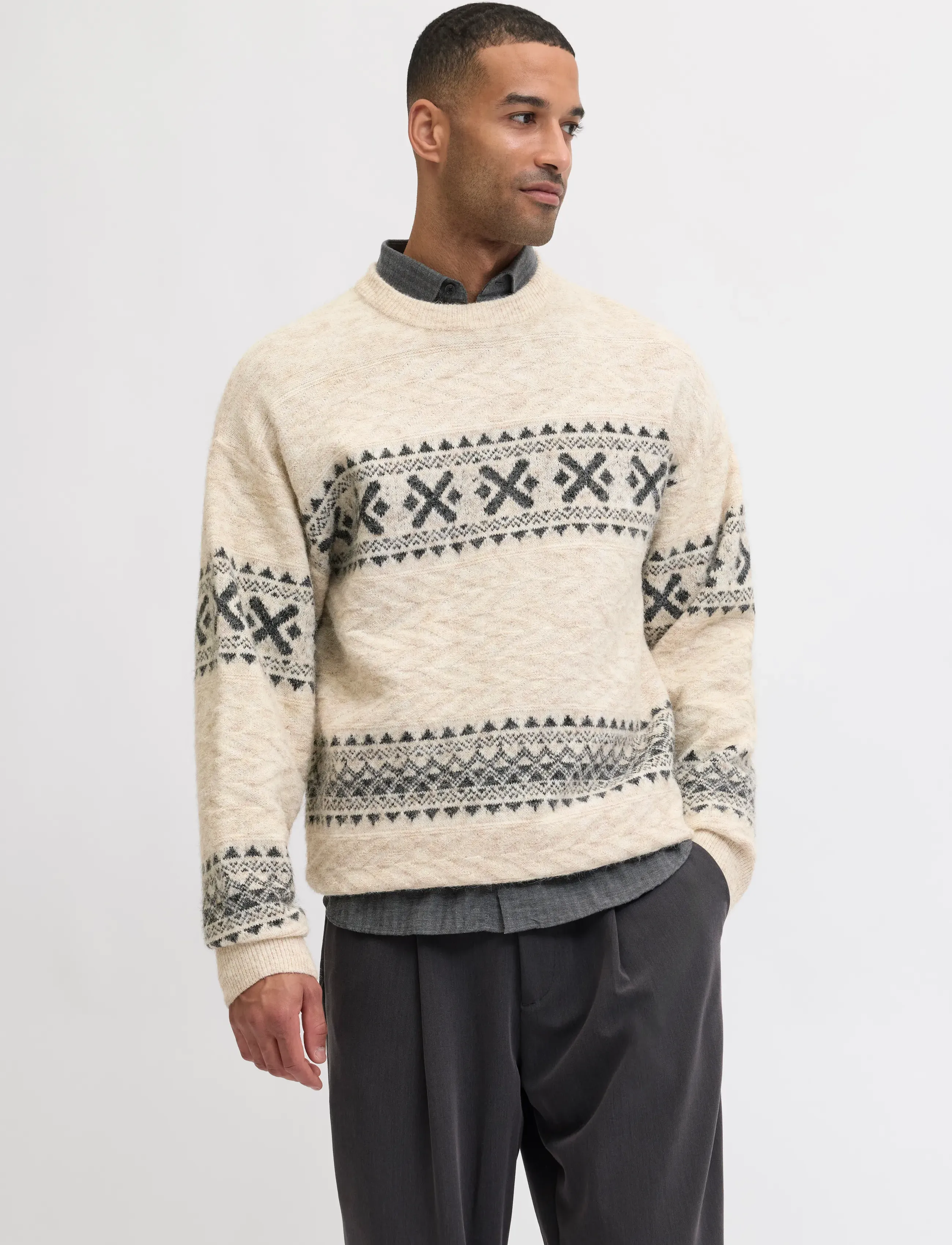 Jack & Jones JPRBLUMAX FAIRISLE KNIT CREW NECK LN - Kollektsioonid - SIMPLY TAUPE / cream