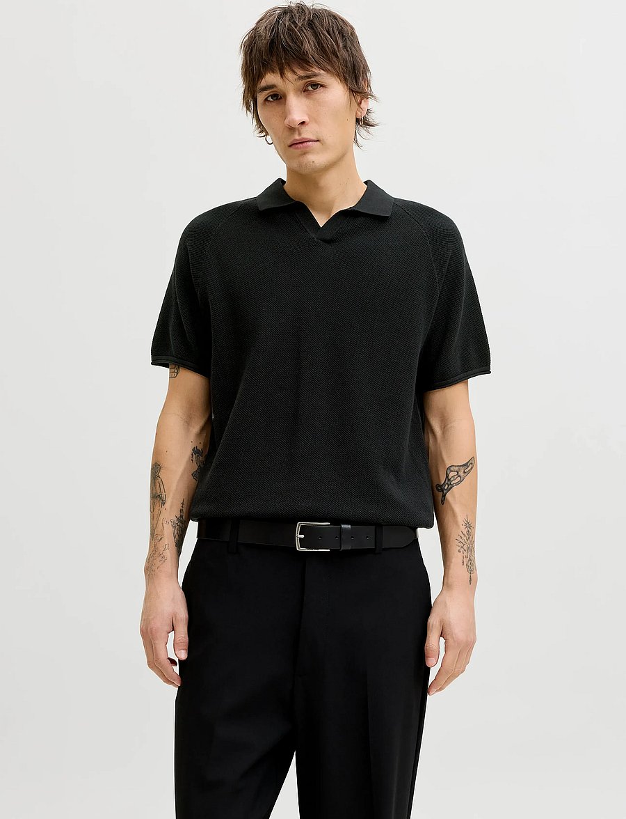 Jack & Jones - JJHILL KNIT SPLIT NECK SS26 - stickade pikéer - black - 0