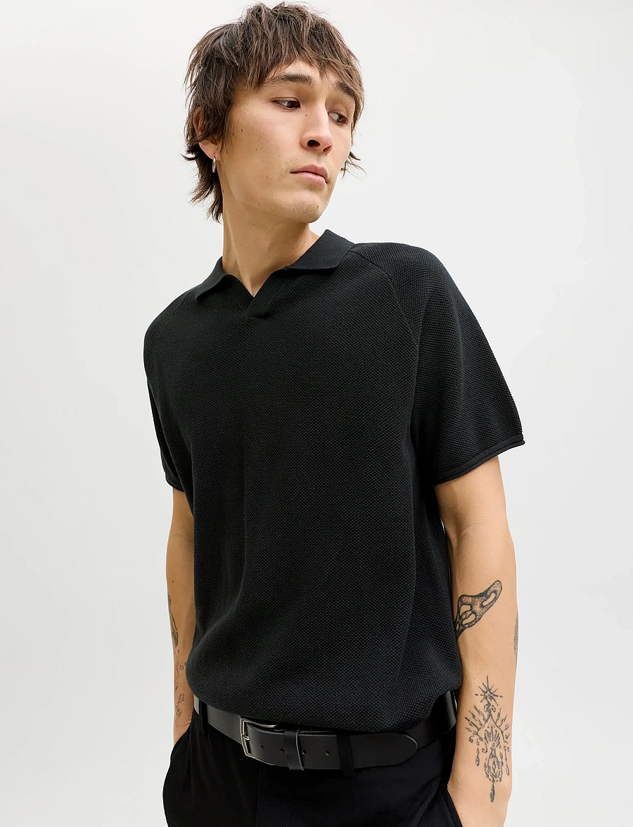Jack & Jones - JJHILL KNIT SPLIT NECK SS26 - stickade pikéer - black - 5