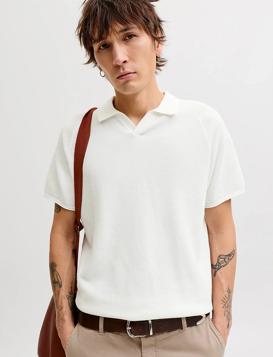 Jack & Jones - JJHILL KNIT SPLIT NECK SS26 - stickade pikéer - cloud dancer - 5