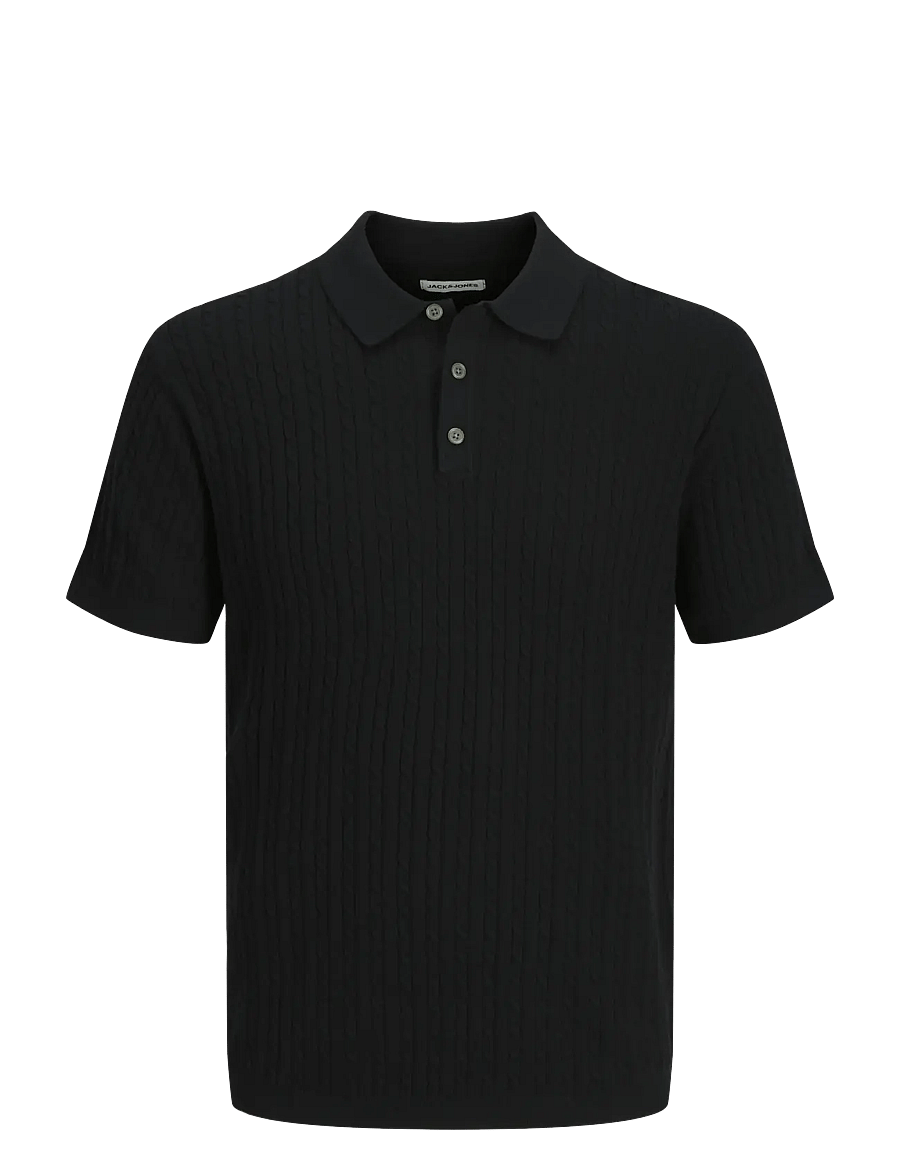 Jack & Jones - JJEEMIL KNIT CABLE POLO SS LN - gestrickte polohemden - black - 1