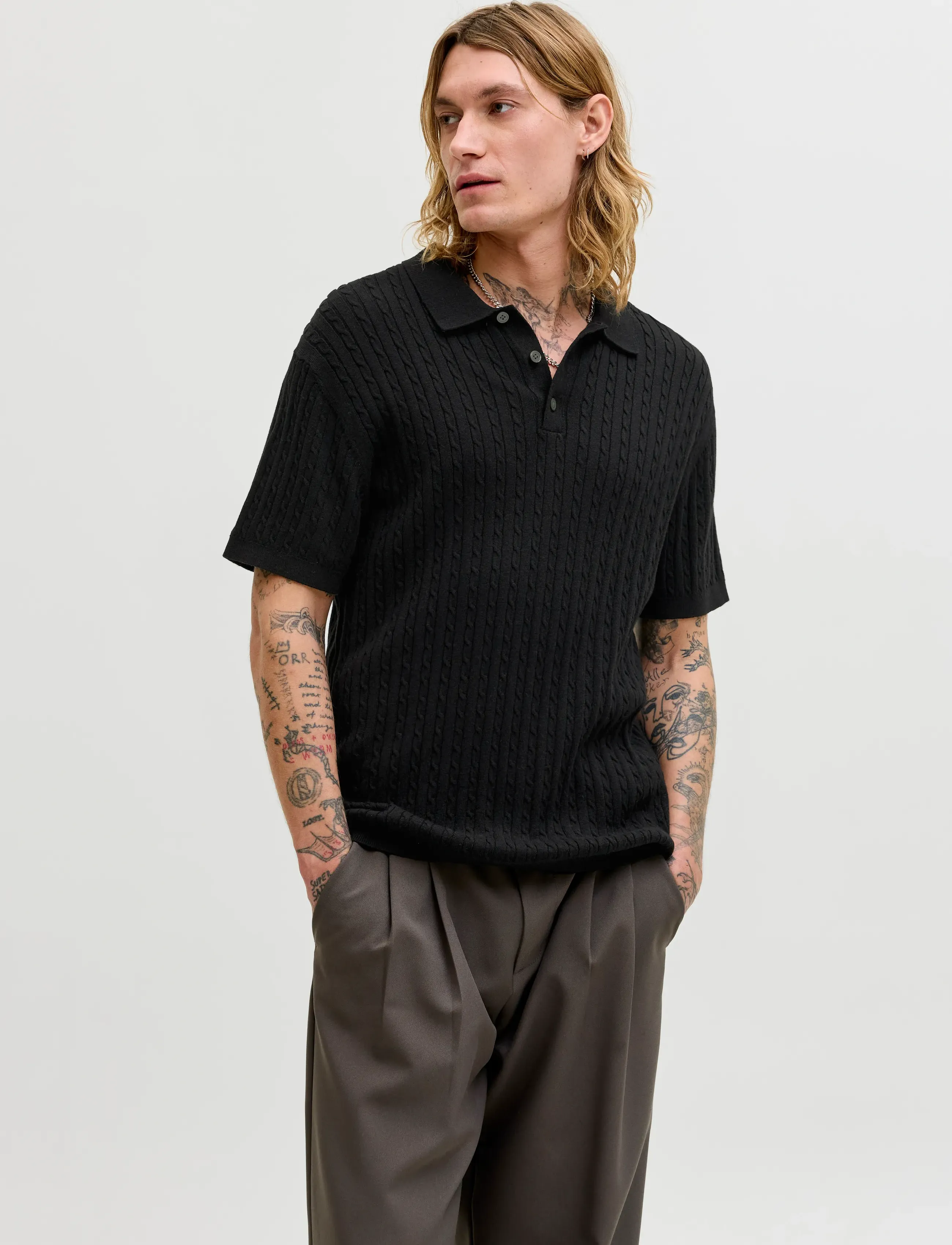 Jack & Jones Jjeemil Knit Cable Polo Ss Ln, L, Knitwear, Schwarz - Short Sleeve Knitted Polos, Männerswear